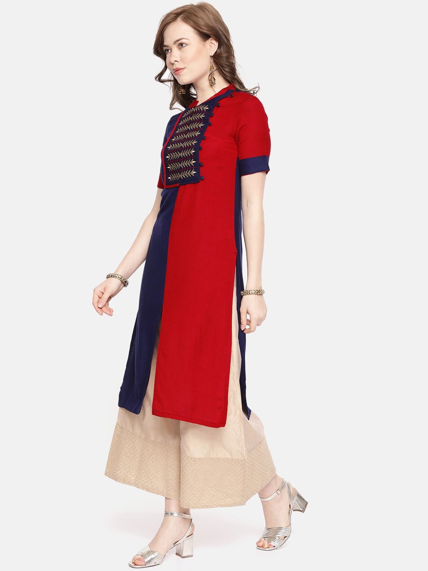 Alena Blue & Red Embroidered Straight Kurta