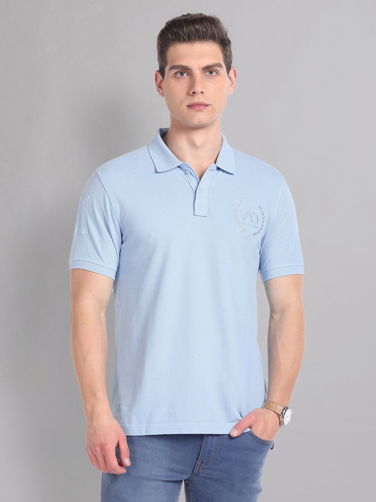 AD by Arvind Light Blue Slim Fit Embroidered  Logo Polo T-Shirt