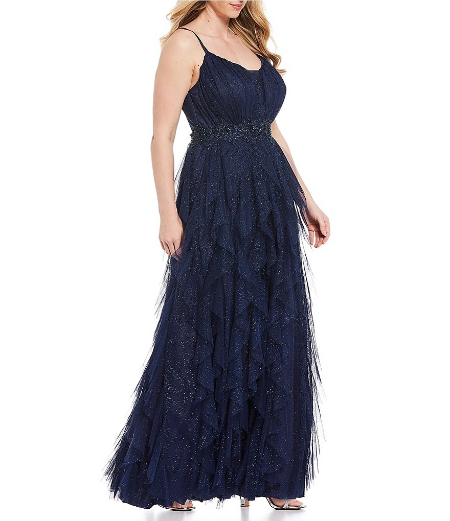 Teeze Me Plus Spaghetti Strap Illusion Plunged Neck Mesh Corkscrew Glitter Ball Gown