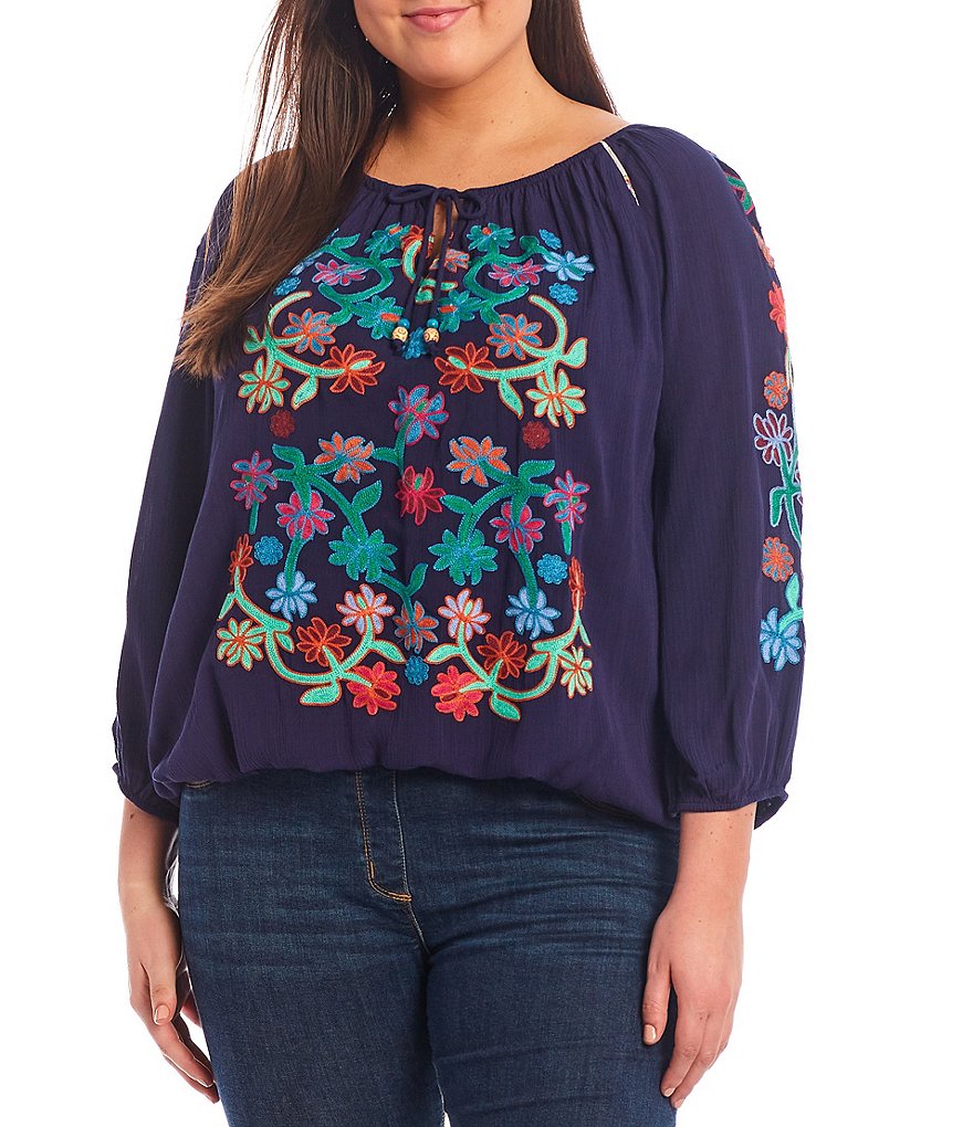 John Mark Plus Size Placed Floral Embroidered Tie Round Neck 3/4 Sleeve Peasant Top