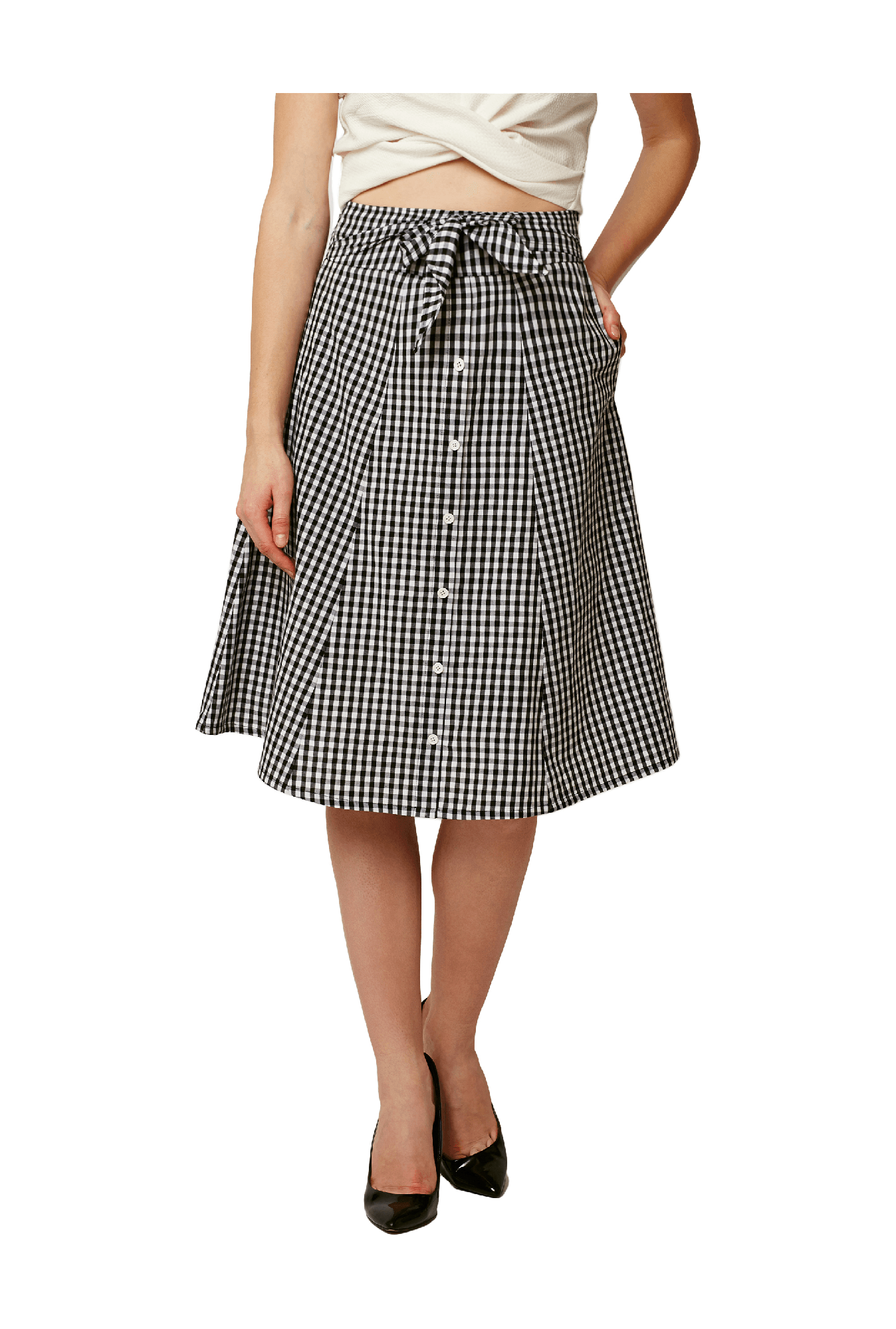 Miss Chase White & Black Checks Knee Length Skirt