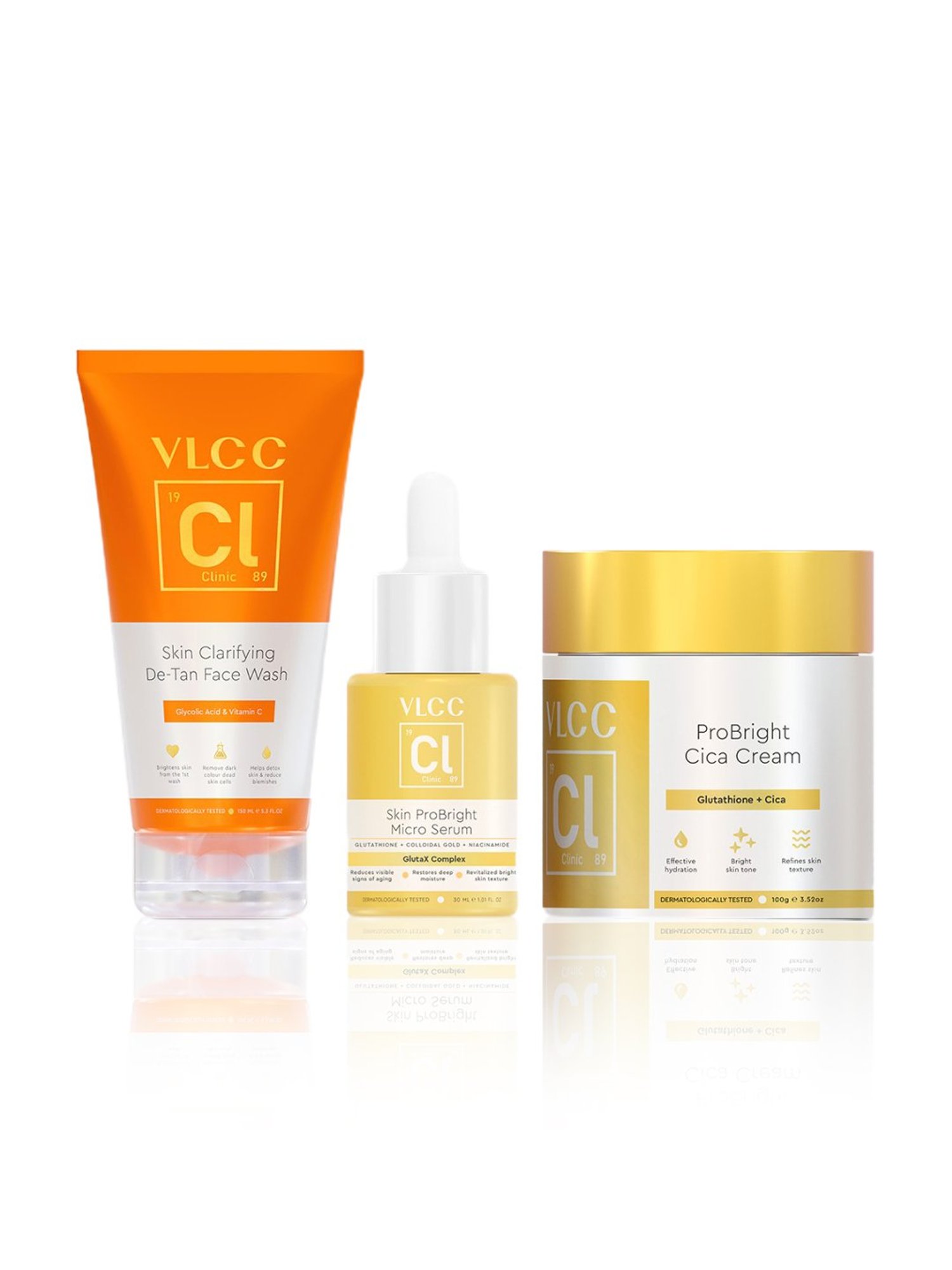 VLCC Clinic ProBright Cica Cream, Skin Clarifying De-Tan Face Wash & ProBright Micro Serum Combo