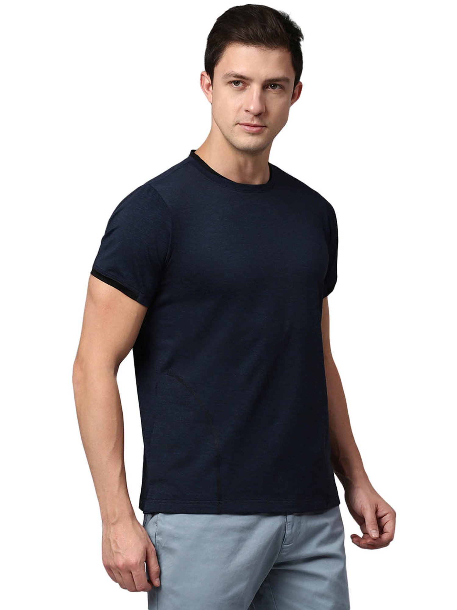 Slowave Navy Regular Fit Self Design T-Shirt