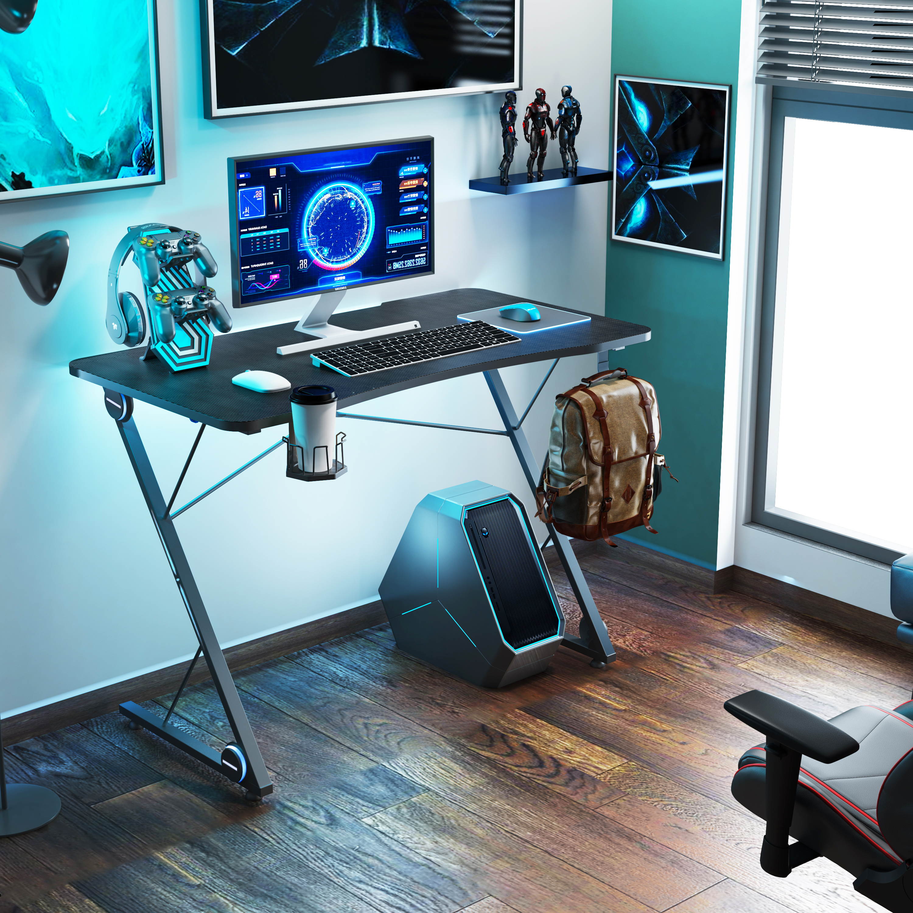 43'' Z-Shaped Gaming Desk E-Sport Gamer Workstation Ergonomic PC Gaming Table with LED Lights,Large Carbon Fiber Surface,Game Handles Holder,Cup Holder,Headphone Hook and Cable Management