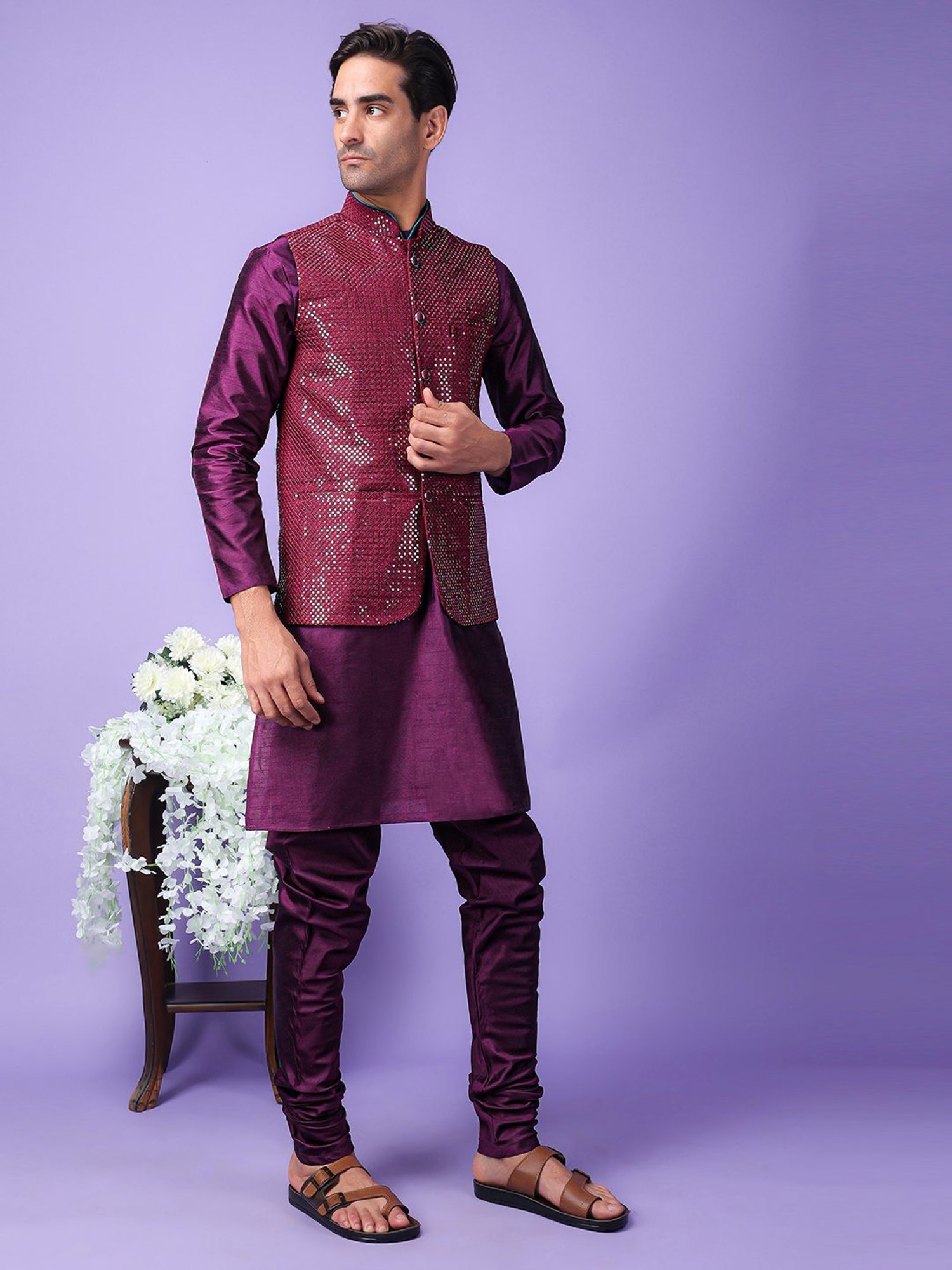 Hangup Purple Regular Fit Embroidered Kurta Set With Jacket