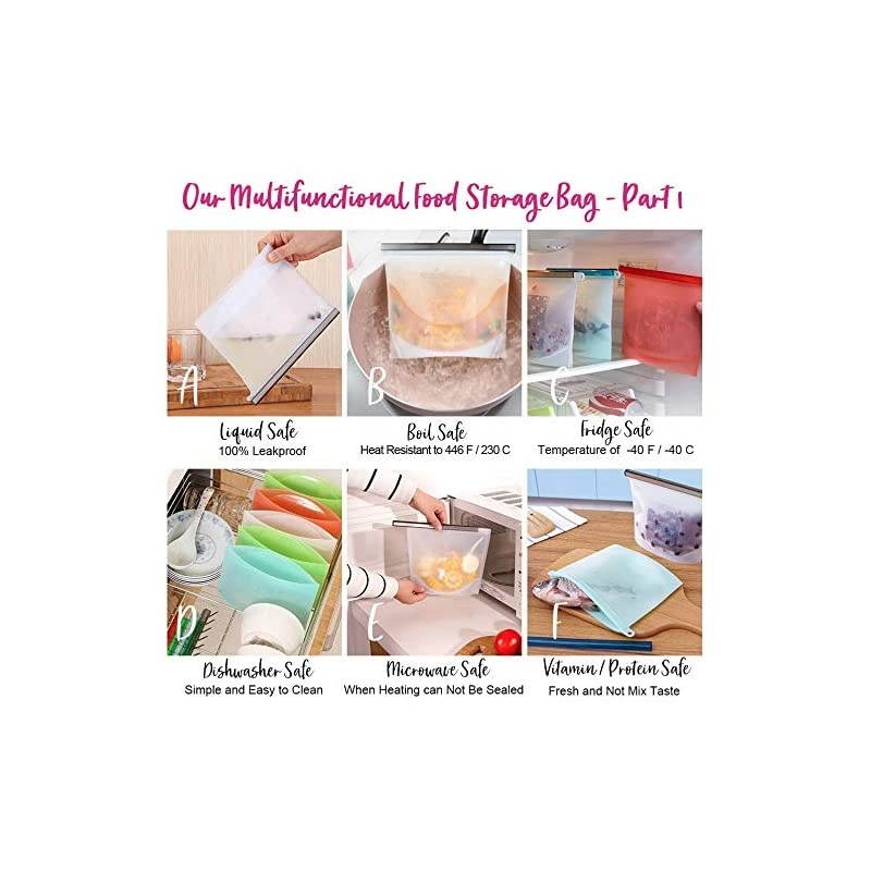 Silicone Food Ziplock Storage Bags, Silicone Sandwich Bag for Freezer, Sous Vide Bags Set of 4, Leak Proof Airtight Seal Keep Fresh for Hot Cooking, Liquids, Lunch, Snack, Baby Food (9.2&times;7in)