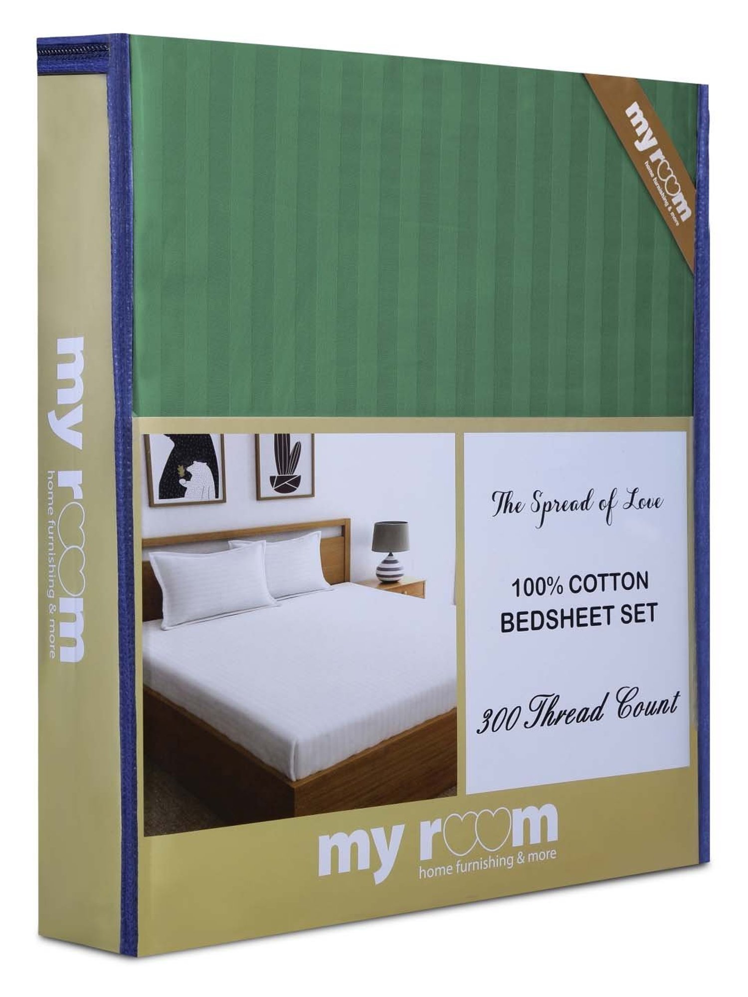 My Room Green 100% Cotton 300 TC King Bedsheet with 2 Pillow Covers