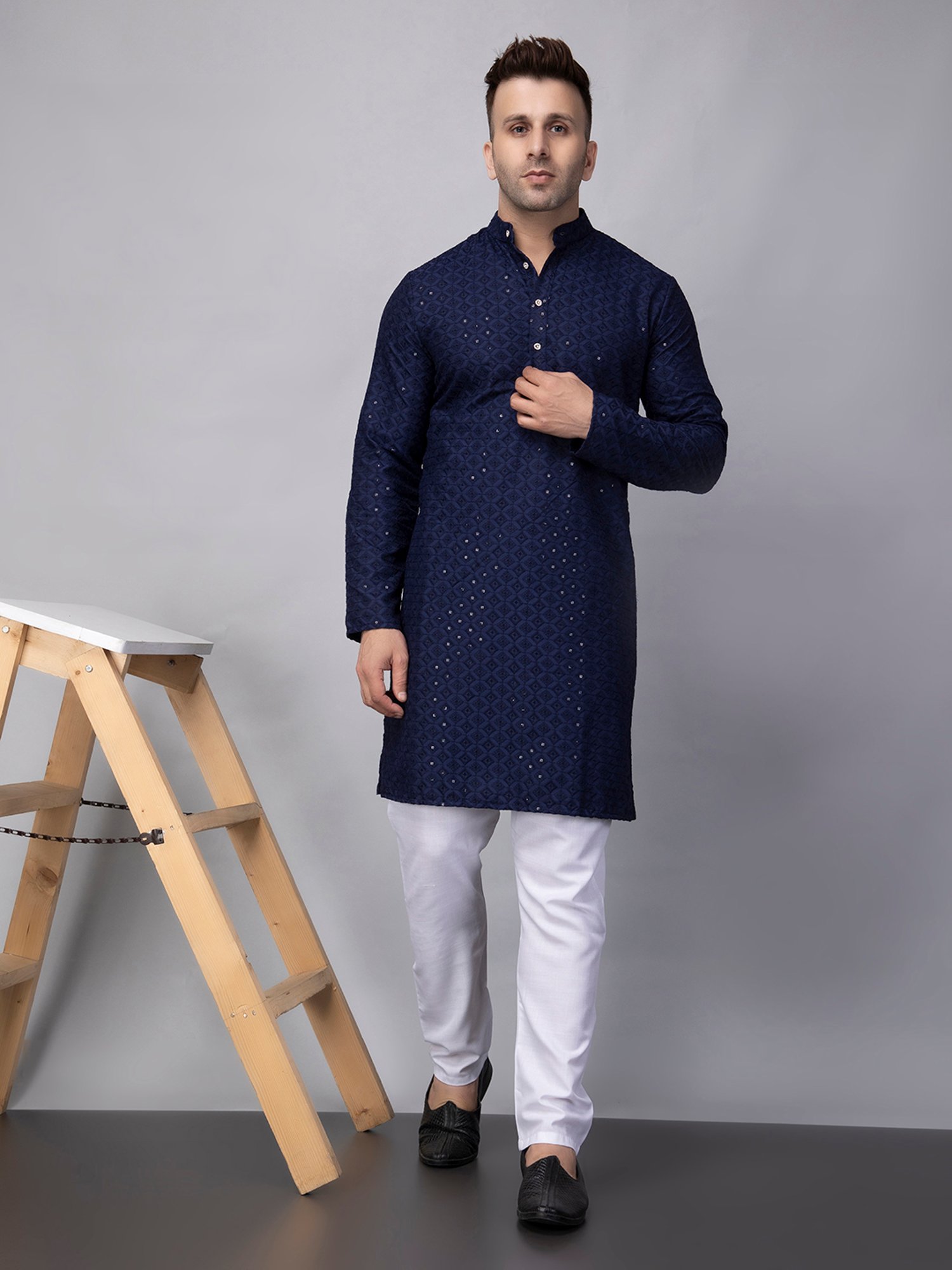 Hangup Navy & White Regular Fit Embroidered Kurta & Pyjamas Set
