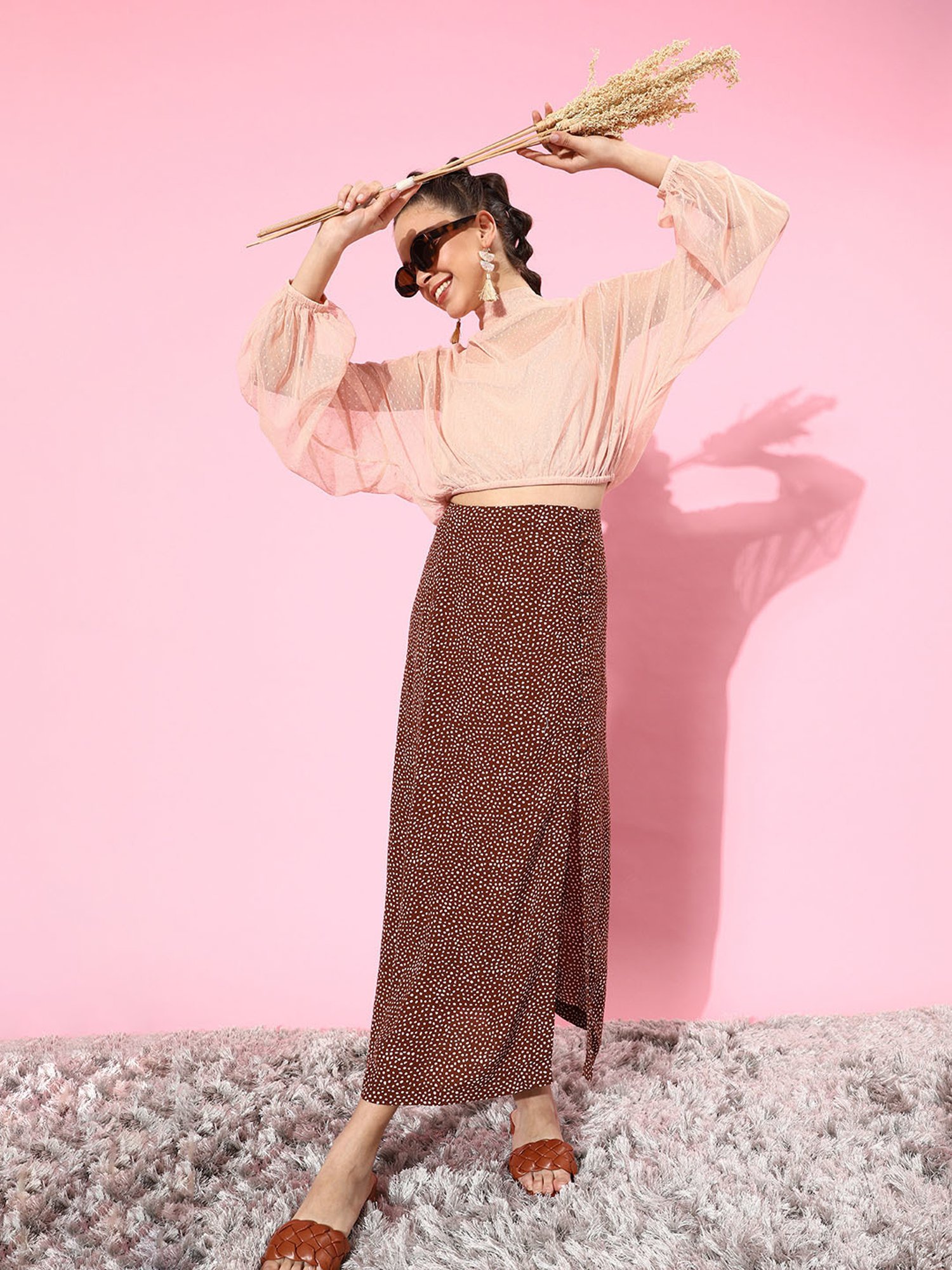 QUIERO Peach Self Design Crop Top