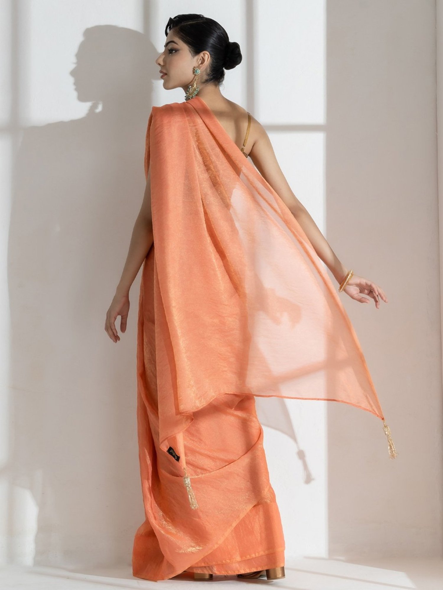 Swtantra Peach Woven Saree Without Blouse