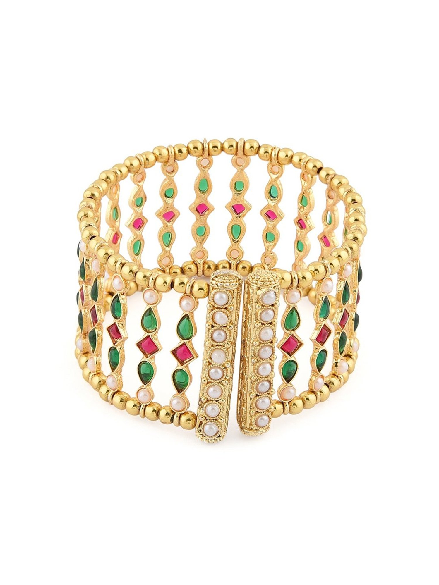 Zaveri Pearls Green & Pink Kundan Embellished Traditional Cuffs Bracelet - ZPFK11437