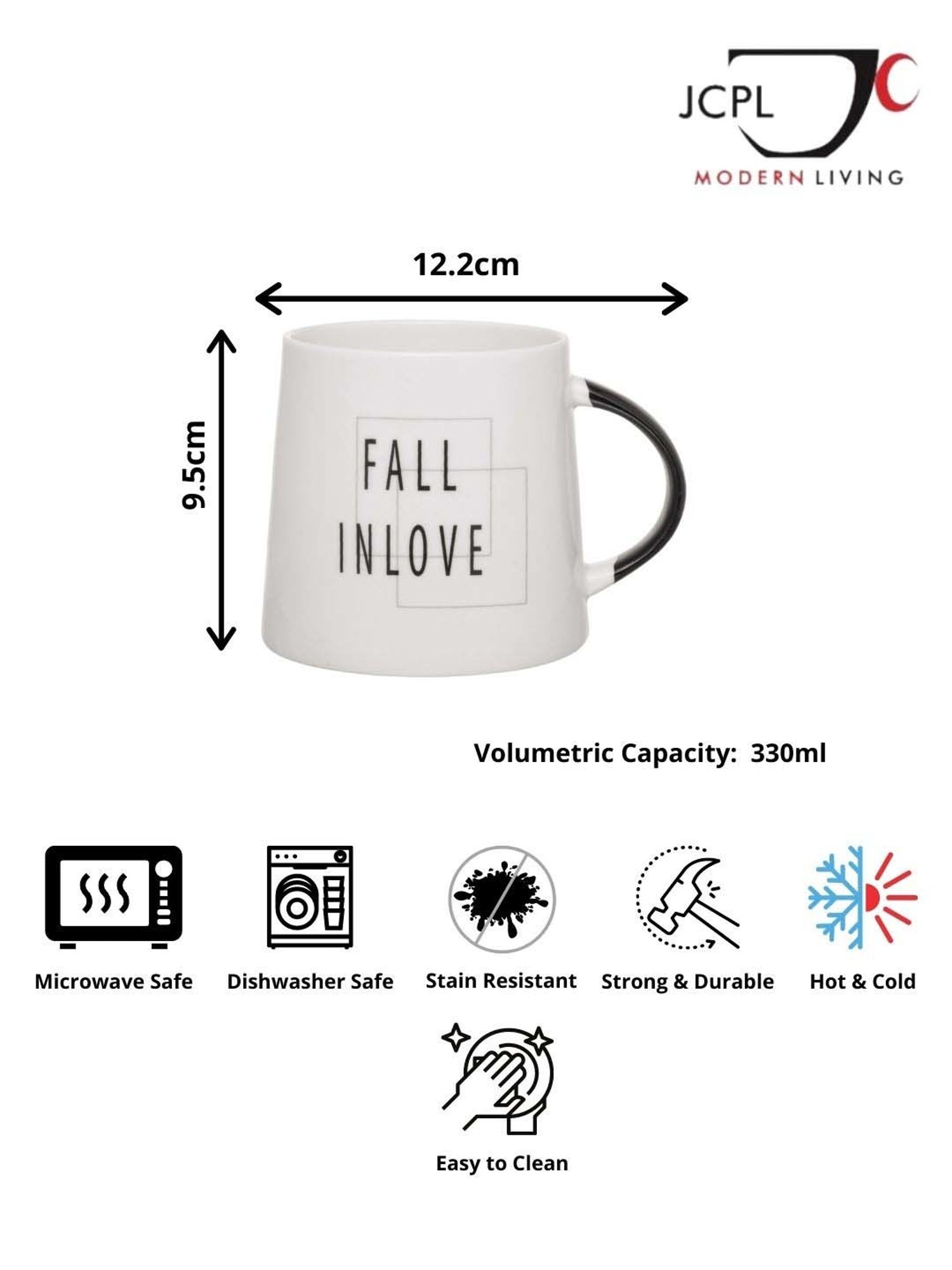 JCPL White & Black Ceramic 10 cm Milk Mug (0.33 L) - Set of 2