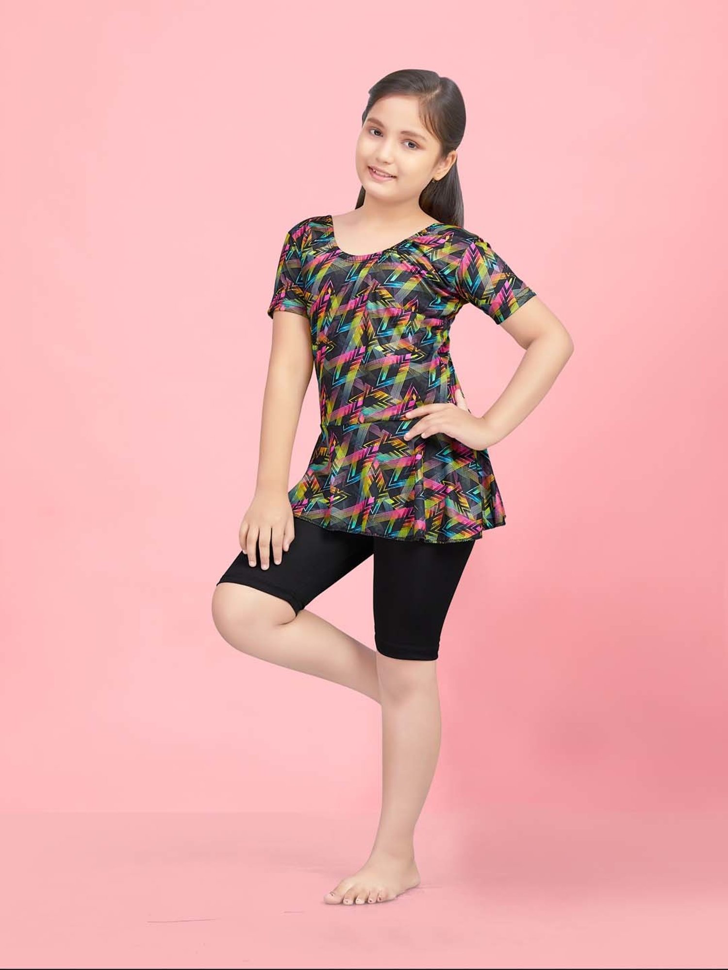 Aarika Kids Pink & Black Printed Swimming Top Set