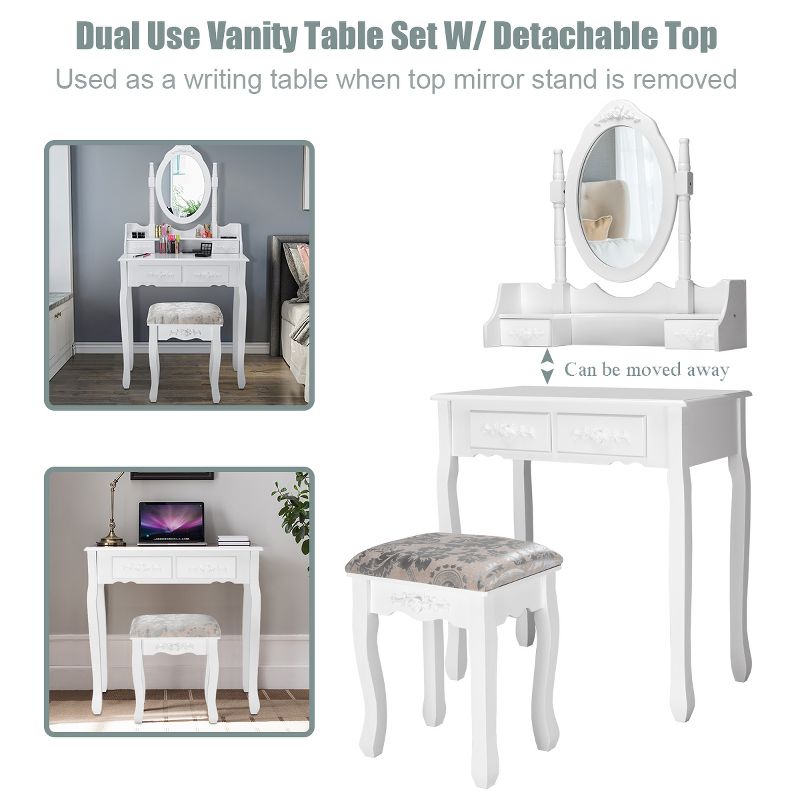 Costway Vanity Wood Makeup Dressing Table Stool Jewelry Desk 4 White