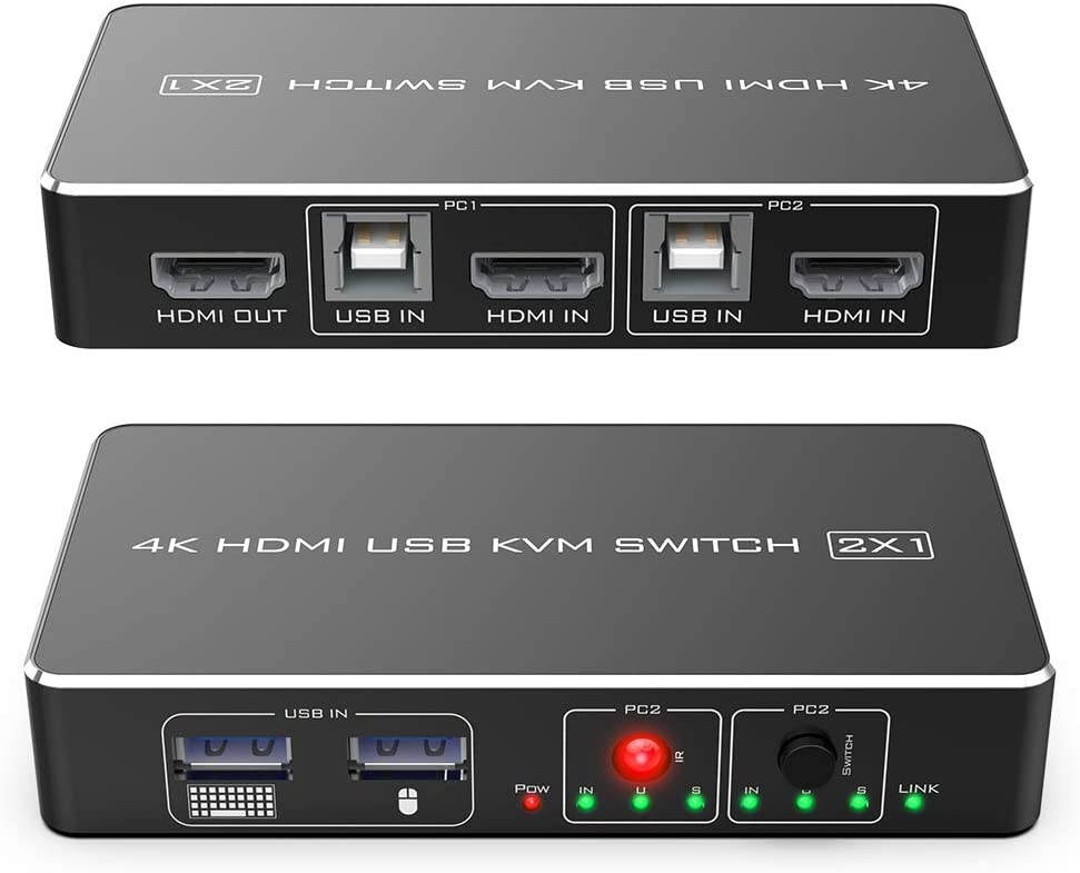 Eletrand HDMI KVM Switch 2 Port in 1 Port Out Sharing 2 Computers with One Keyboard Mouse Monitor HUD 4K (3840x2160) USB KVM Hotkey Metal Switch with USB Cable for Wireless Keyboard and Mouse