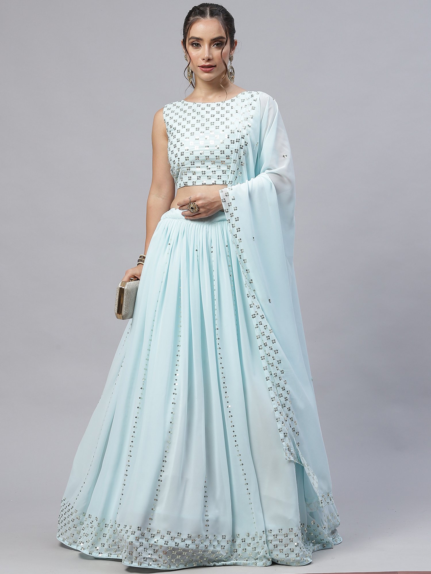 SHUBHKALA Sky Blue Embellished Lehenga Choli Set With Dupatta