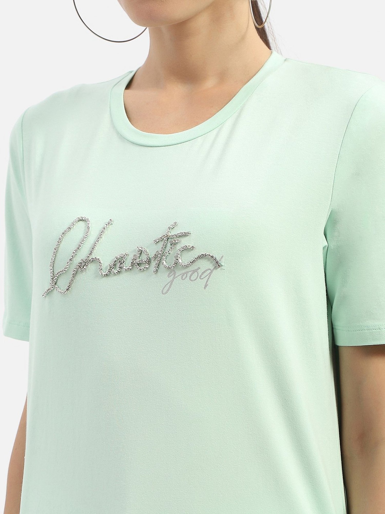 MADAME Mint Green Cotton Embellished T-Shirt