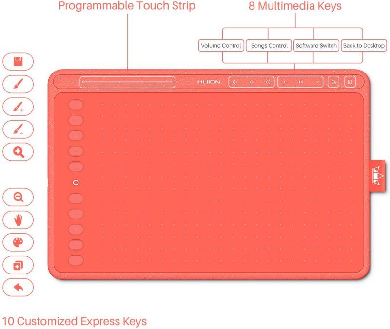 2020 Huion HS611 Graphics Drawing Tablet Android Supported Pen Tablet Tilt Function Battery-Free Stylus 8192 Pen Pressure with 8 Multimedia Keys 10 Express Keys and Touch Strip