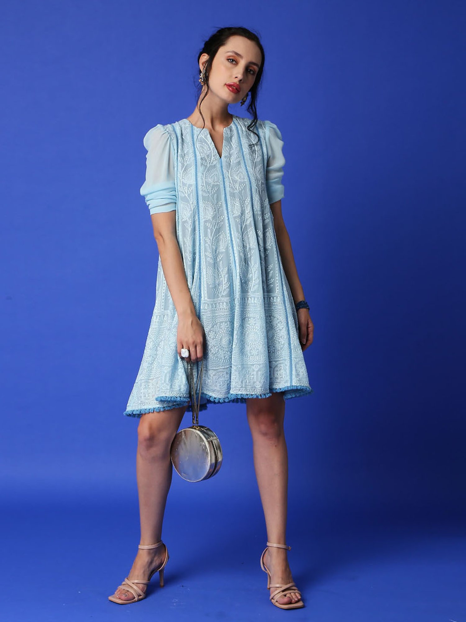 Monk and Mei Mumtaz Chikankari Anarkali Kurta/ Dress- Ice Blue