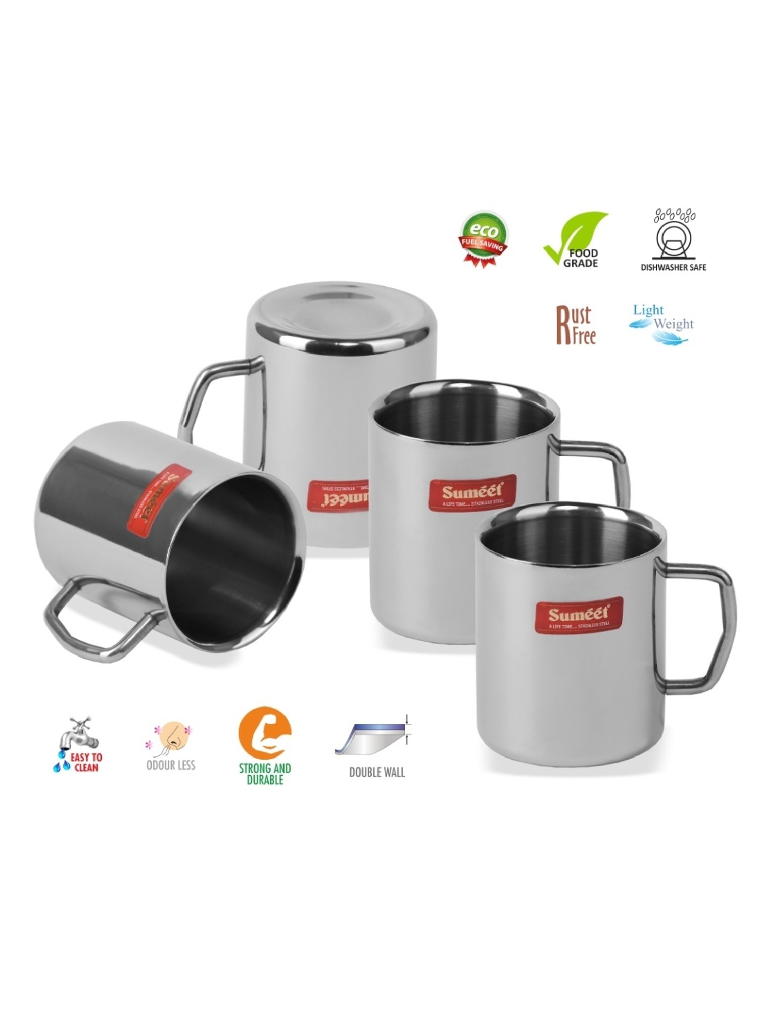 Sumeet Stainless Steel Double Wall Tea and Coffee Medium Mug set of 4Pcs (210 Ml Each)