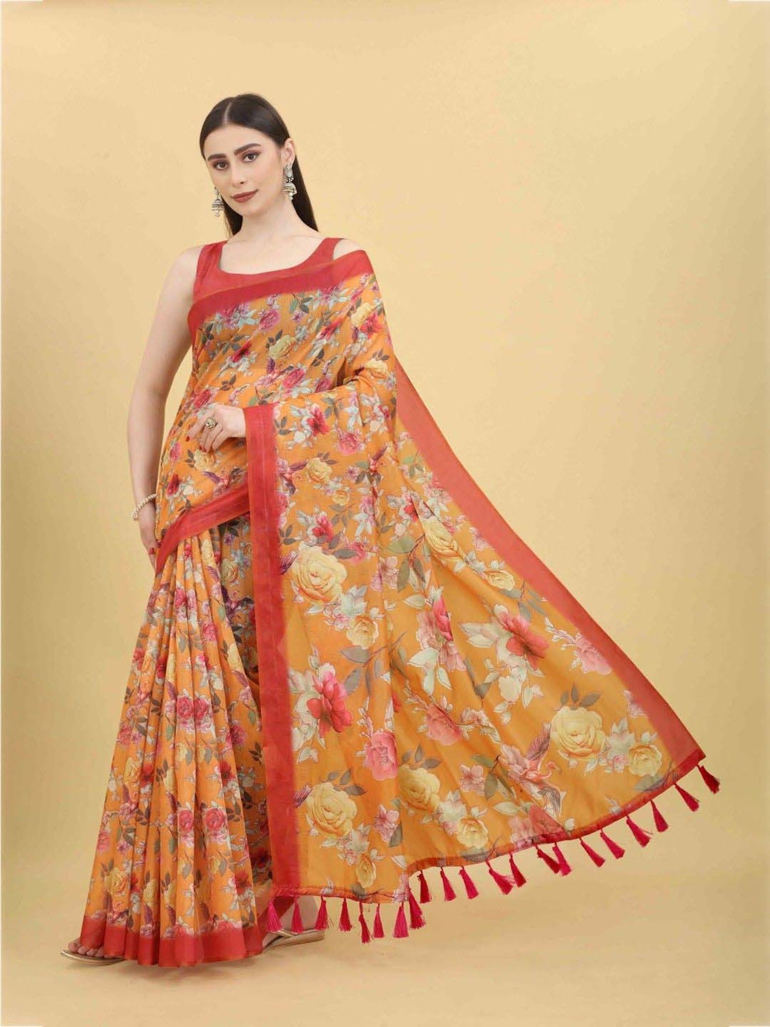 Silk Land Orange Printed Saree With Unstitched Blouse