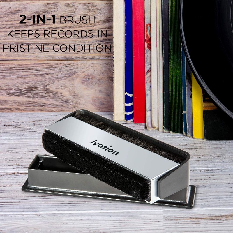 Ivation 2-in-1 Vinyl Record Cleaning Brush with Carbon Fiber and Velvet Brushes Includes Swivel Cover & Stand for Secure Storage