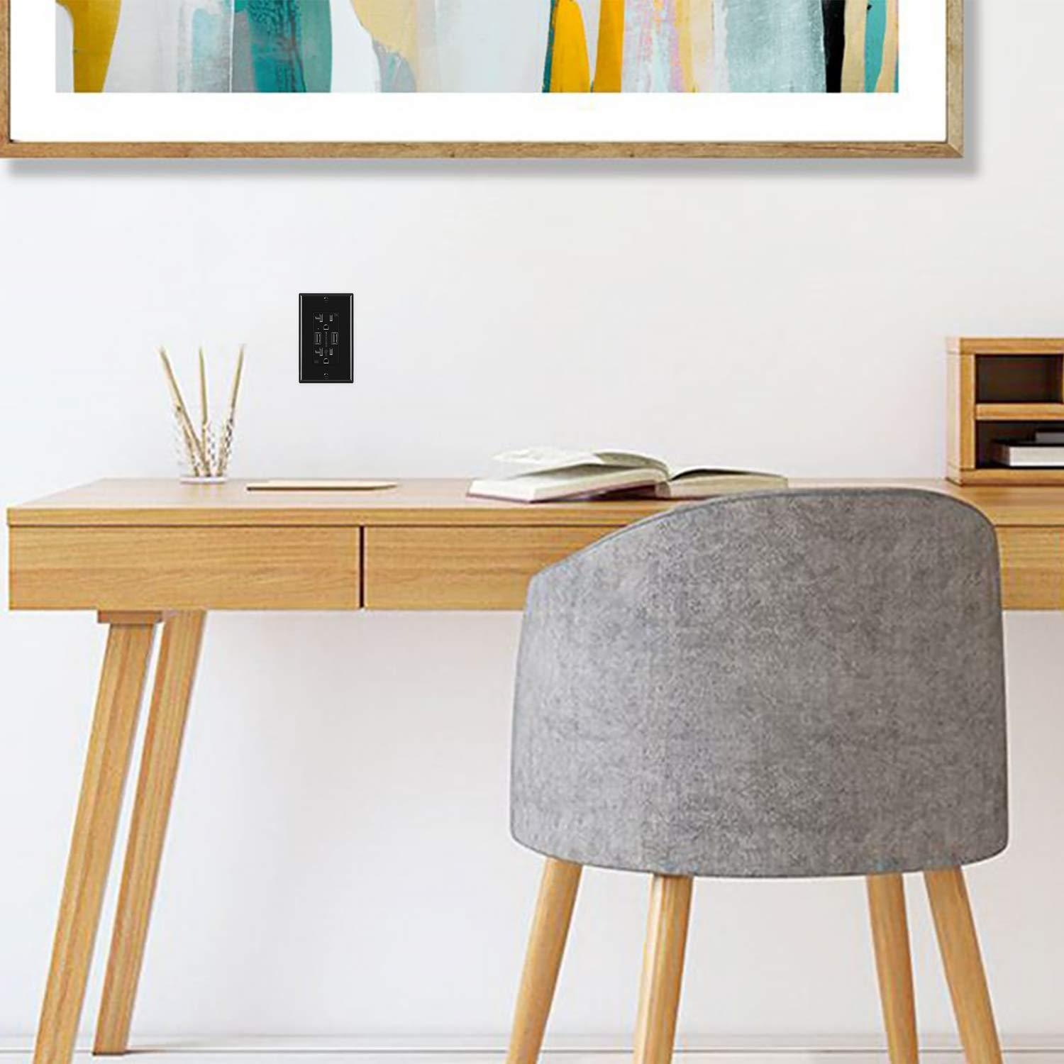 [2 Pack] BESTTEN 4.2A Black USB Wall Receptacle, Dual USB Charging Ports and 20 Amp Grounded AC Outlets, Smart Chip USB Wall Charger, Tamper Resistant, UL Listed