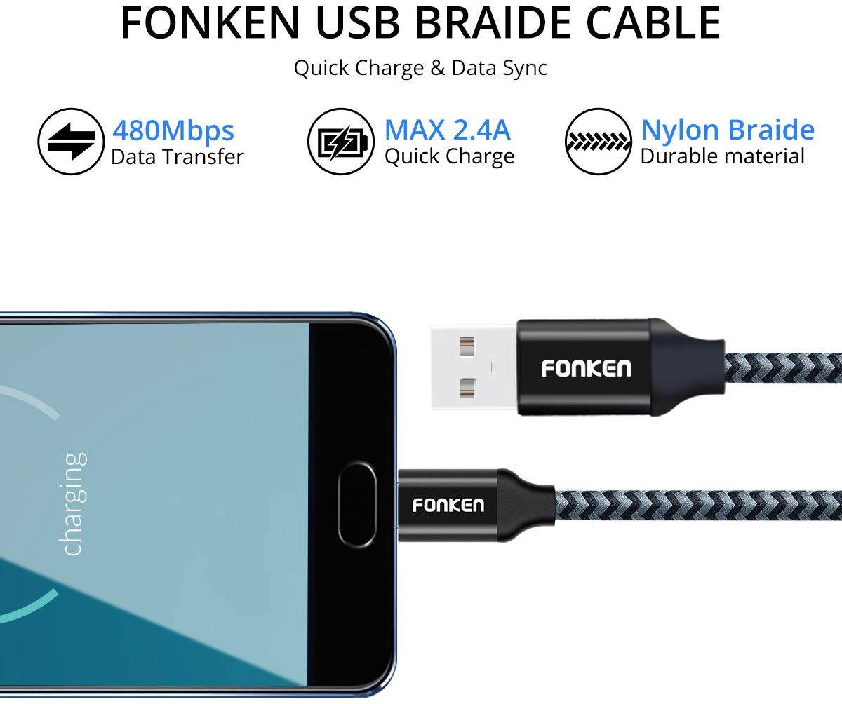 Micro USB Cable, FONKEN Android Charger Nylon Braided Quick Charge Cable [3-Pack,3.3FT] Fast Sync & Charging Cable Smartphone Charge Cable Compatible Samsung, Nexus, LG, Motorola, Sony, Kindle (Black)