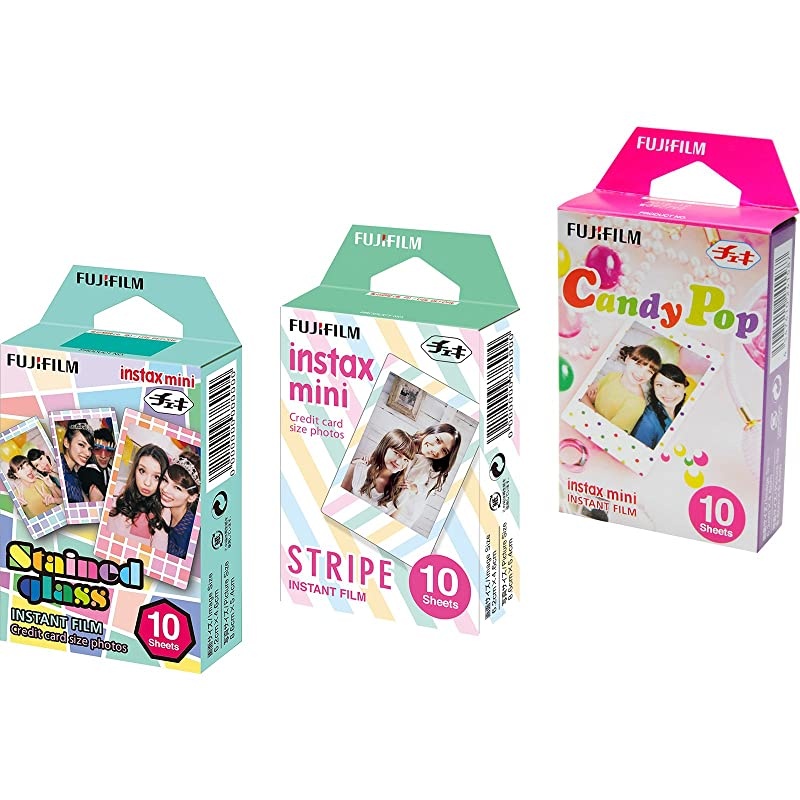 Instax Mini Instant Film 3 Pack Bundle 30 Sheets with Stained Glass Candy Pop Stripe Instant Film
