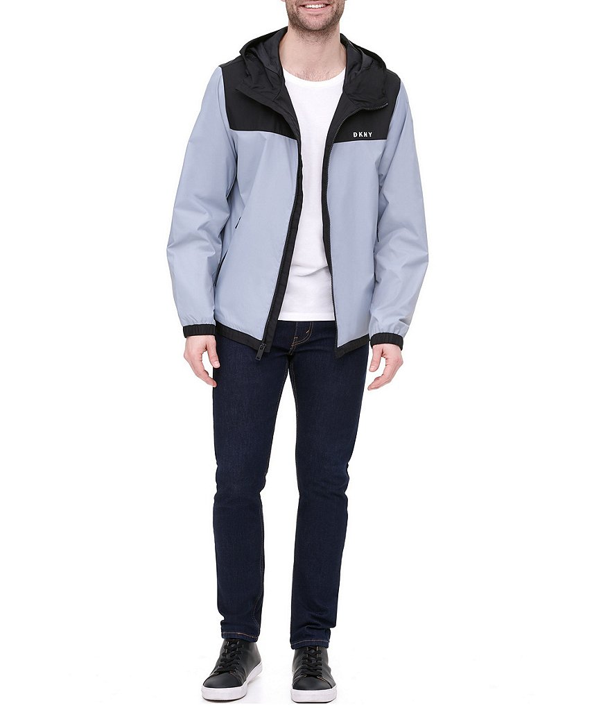 DKNY Long-Sleeve Mixed-Media Color-Block Hooded Rain Slicker