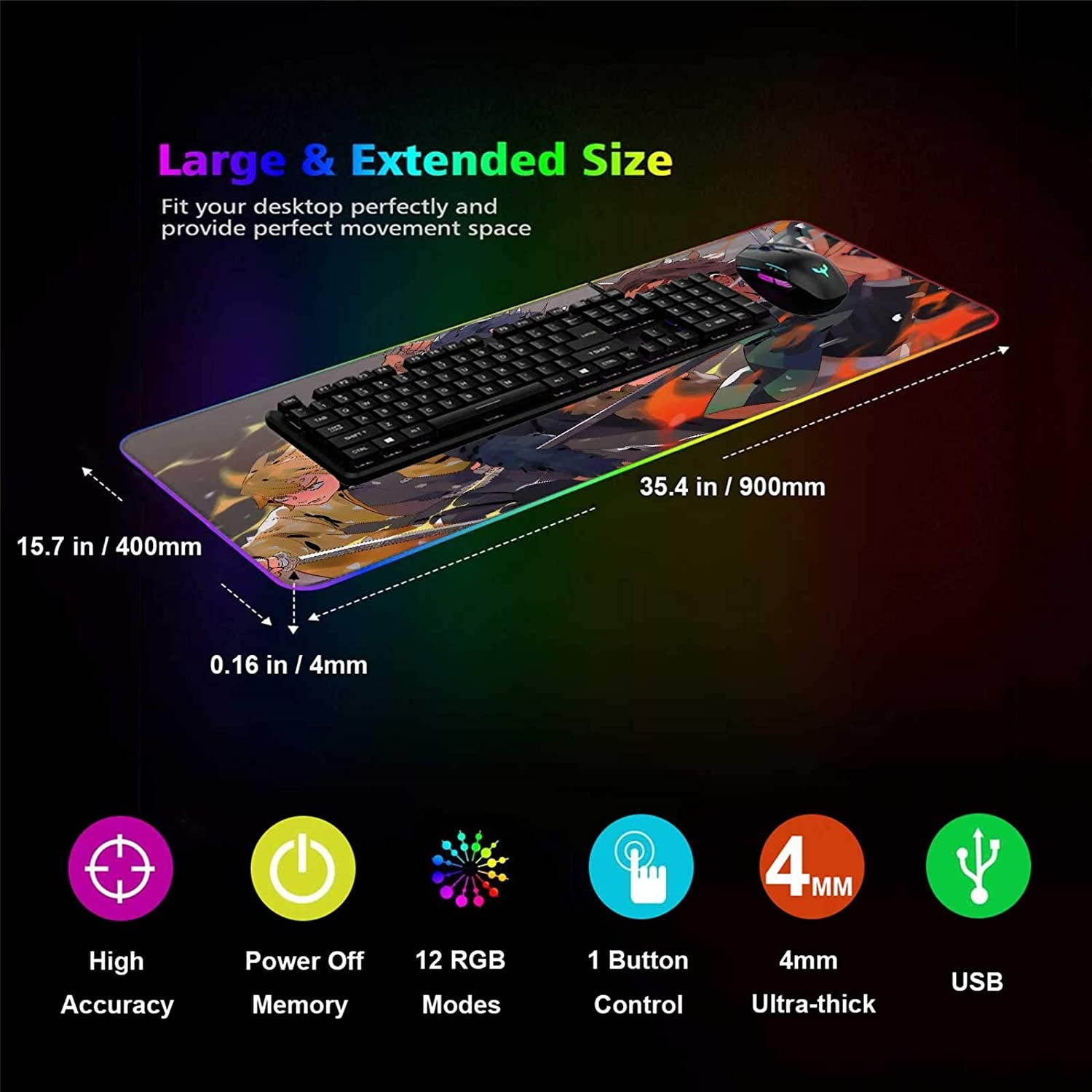RGB Large Gaming Mouse Pad Anime Demon Slayer Kimetsu Tanjiro Inosuke Zenitsu,Laptop Desk Pad,Mousepad with Stitched Edge & Non-Slip Rubber Base,Computer Keyboard and Mice Pads Mouse Mat 35.4X15.7