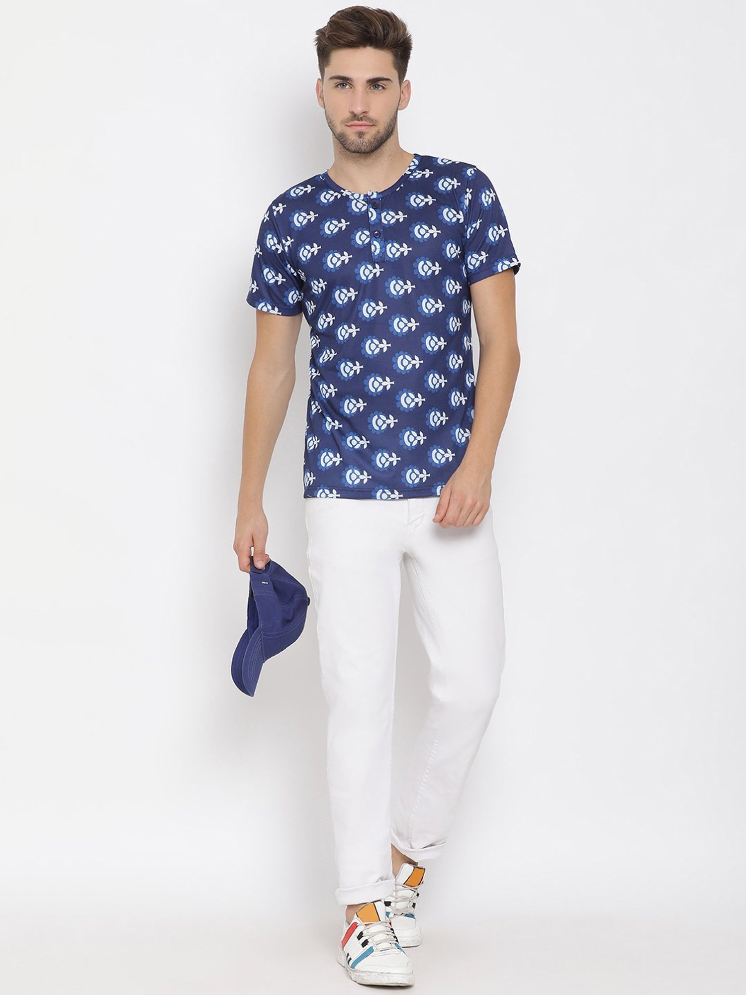 Hangup Plus Blue Regular Fit Printed Henley T-Shirt