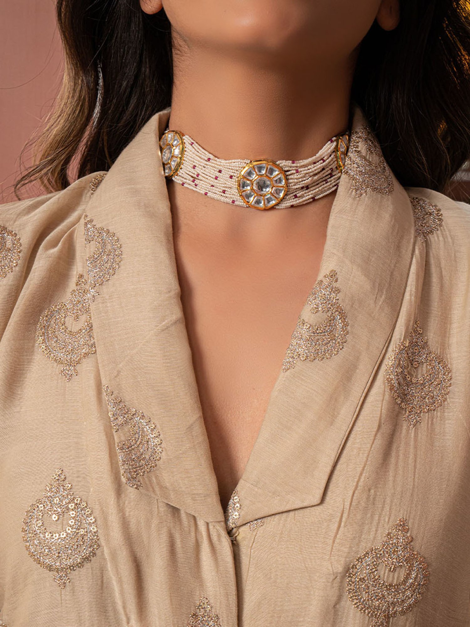 Eeshva India Neisha - Beige Embroidered Chanderi Co-Ord Set