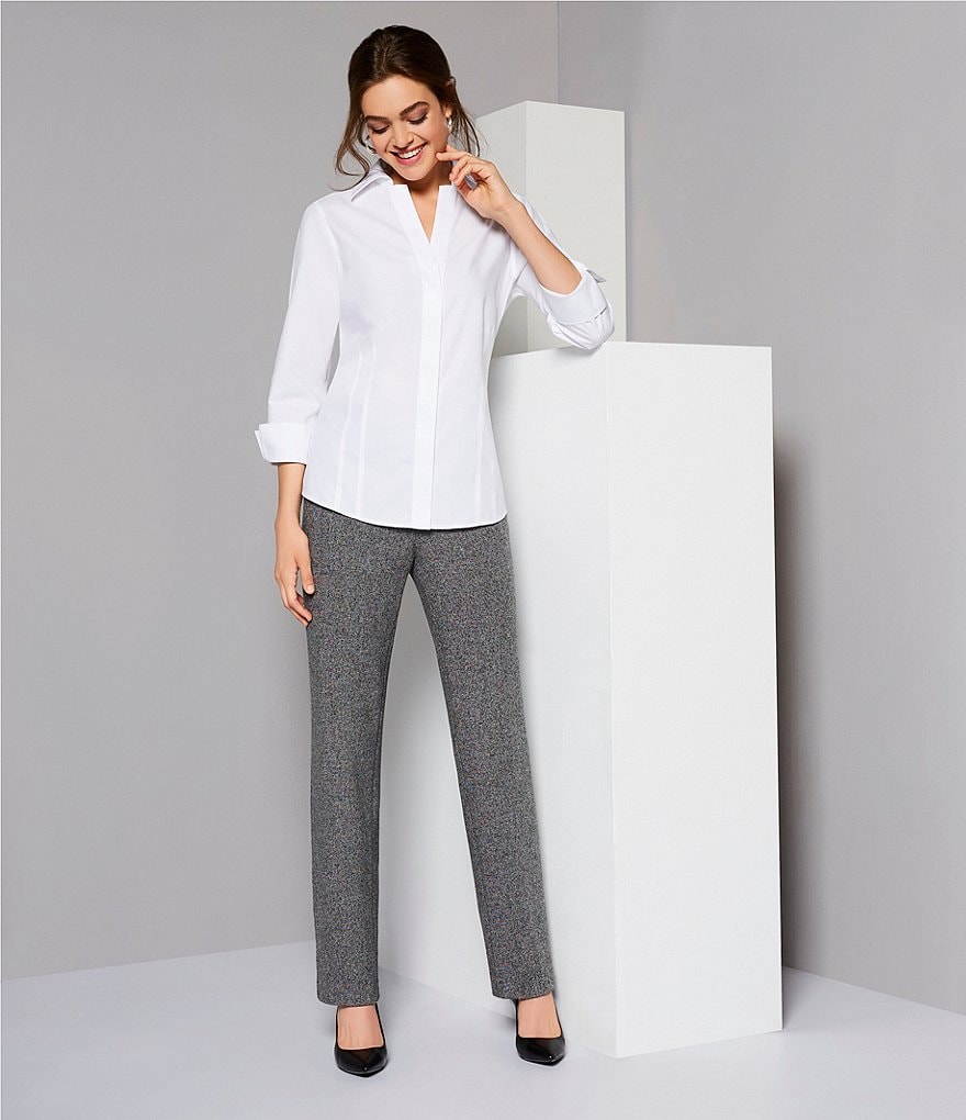 Investments Taylor Gold Label Non-Iron Point Collar Y-Neck 3/4 Sleeve Button Front Shirt