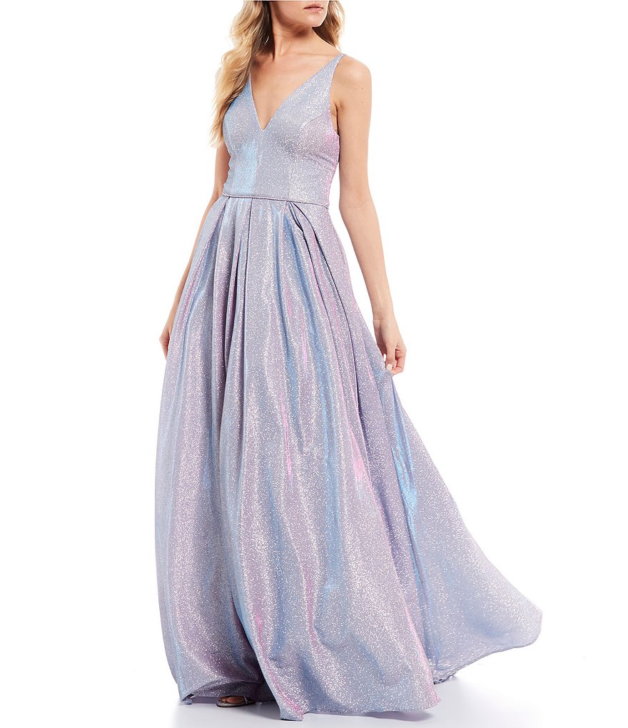 Blondie Nites Deep V-Neckline Multi-Colored Shine Ball Gown