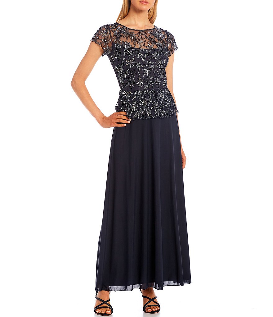 Pisarro Nights Floral Short Sleeve Round Neck Beaded Bodice A-Line Long Chiffon Gown