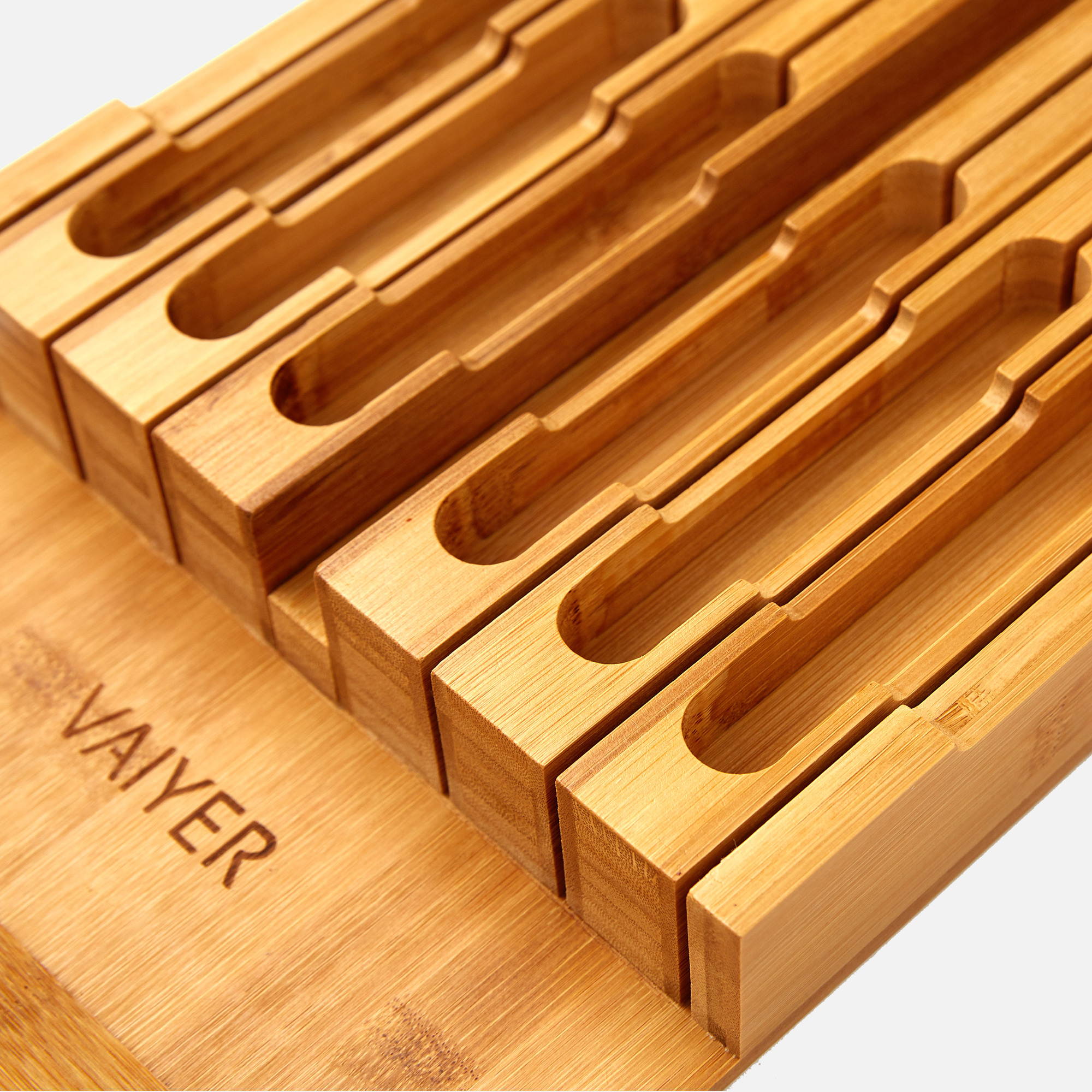 Vaiyer, In-Drawer Bamboo Knife Block Holds 12 Knives (Not Included), 
 Slot for your Knife Sharpener, Chef Knife Organizer Made from Quality Bamboo, Special Designed Angled Rest to Keep Blades down