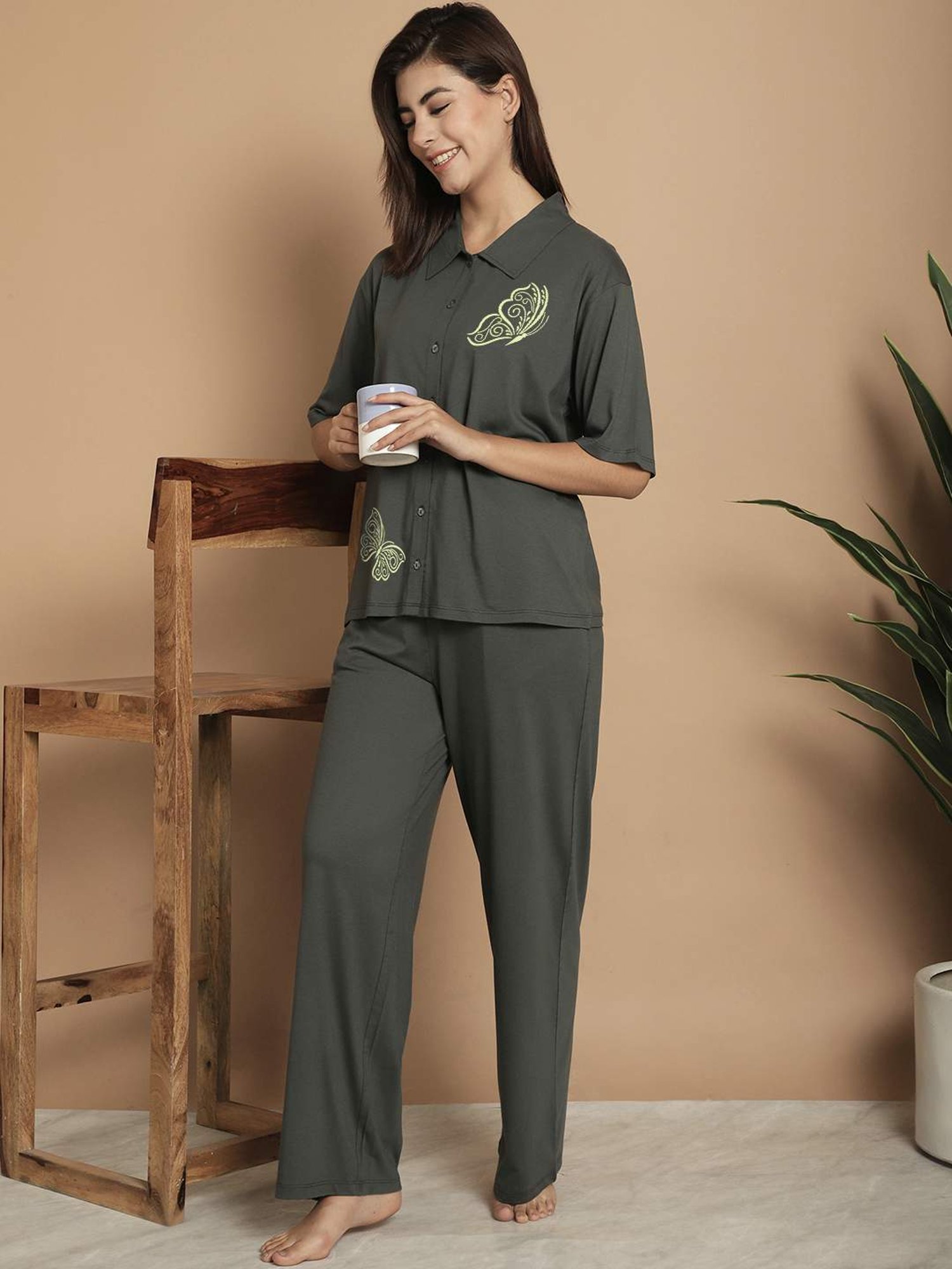 Kanvin Green Cotton Printed Shirt Pyjamas Set