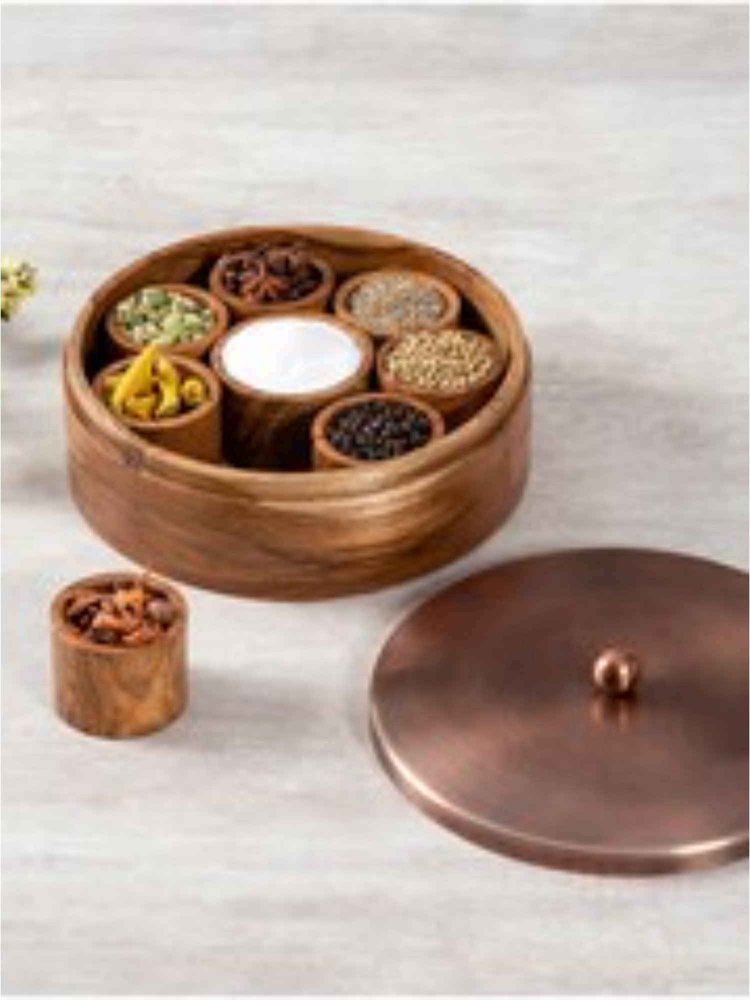 Nestroots Solid Brown & Copper Teak Wood Masala Box with Lid
