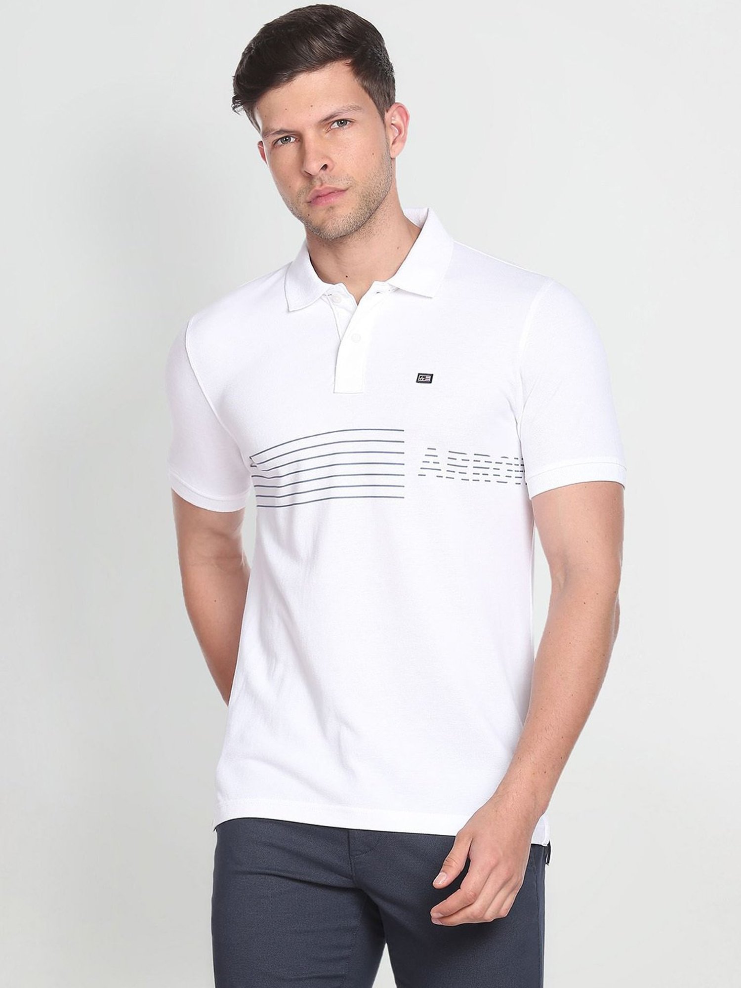 Arrow Sport White Cotton Regular Fit Striped Polo T-Shirt