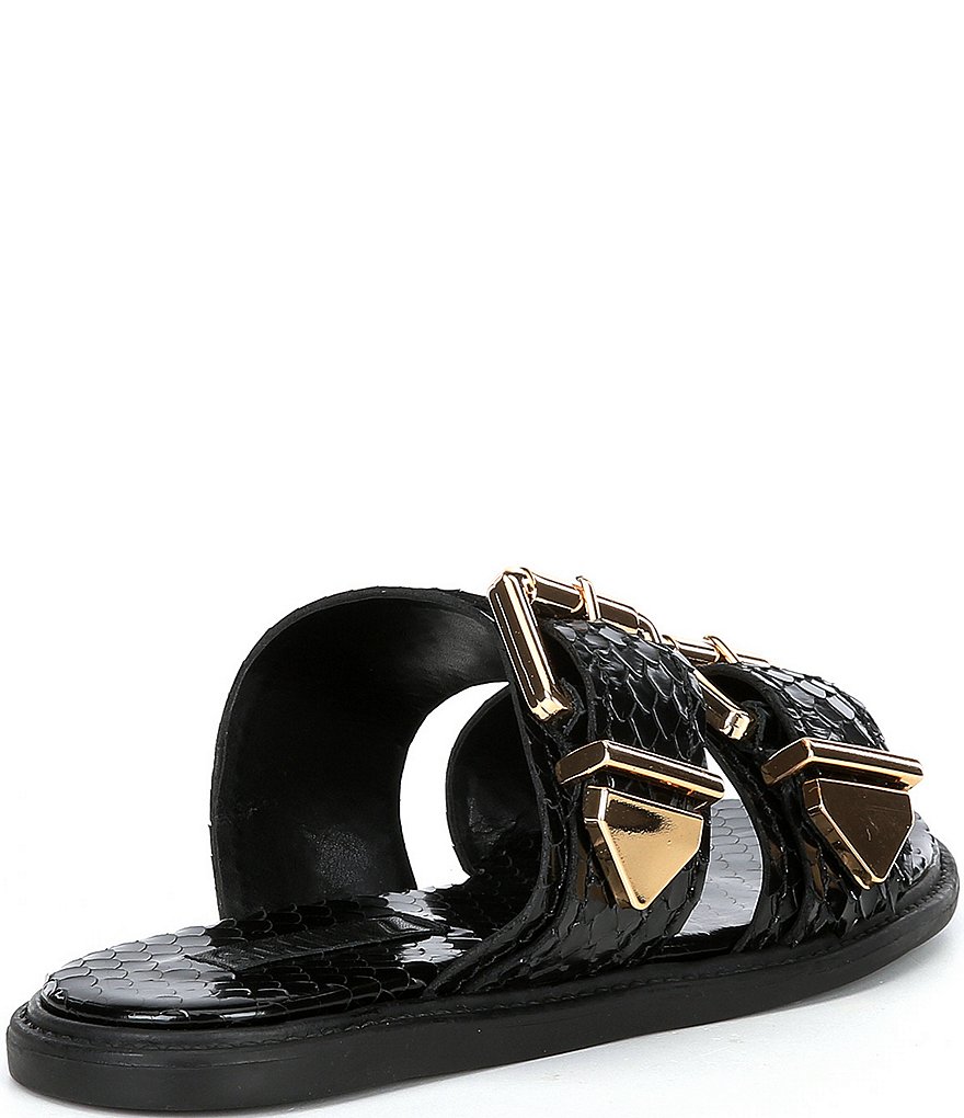 Schutz Shina Reptile Print Leather Buckled Slide Sandals