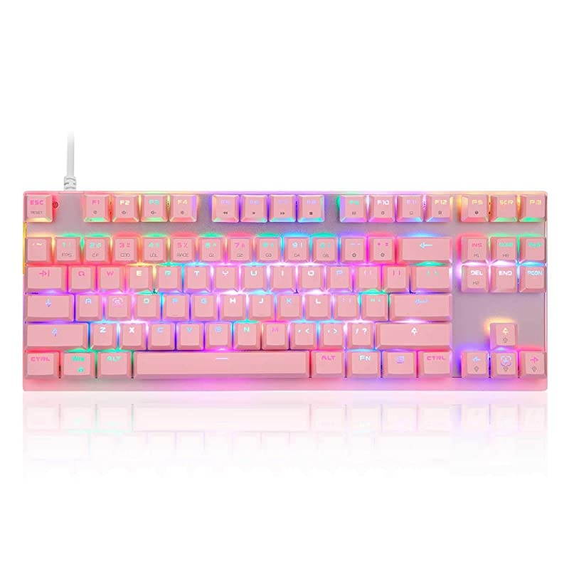 Professional Gaming Mechanical Keyboard RGB Rainbow Backlit 87 Keys Illuminated Computer USB Gaming Keyboard for Mac & PC Pink