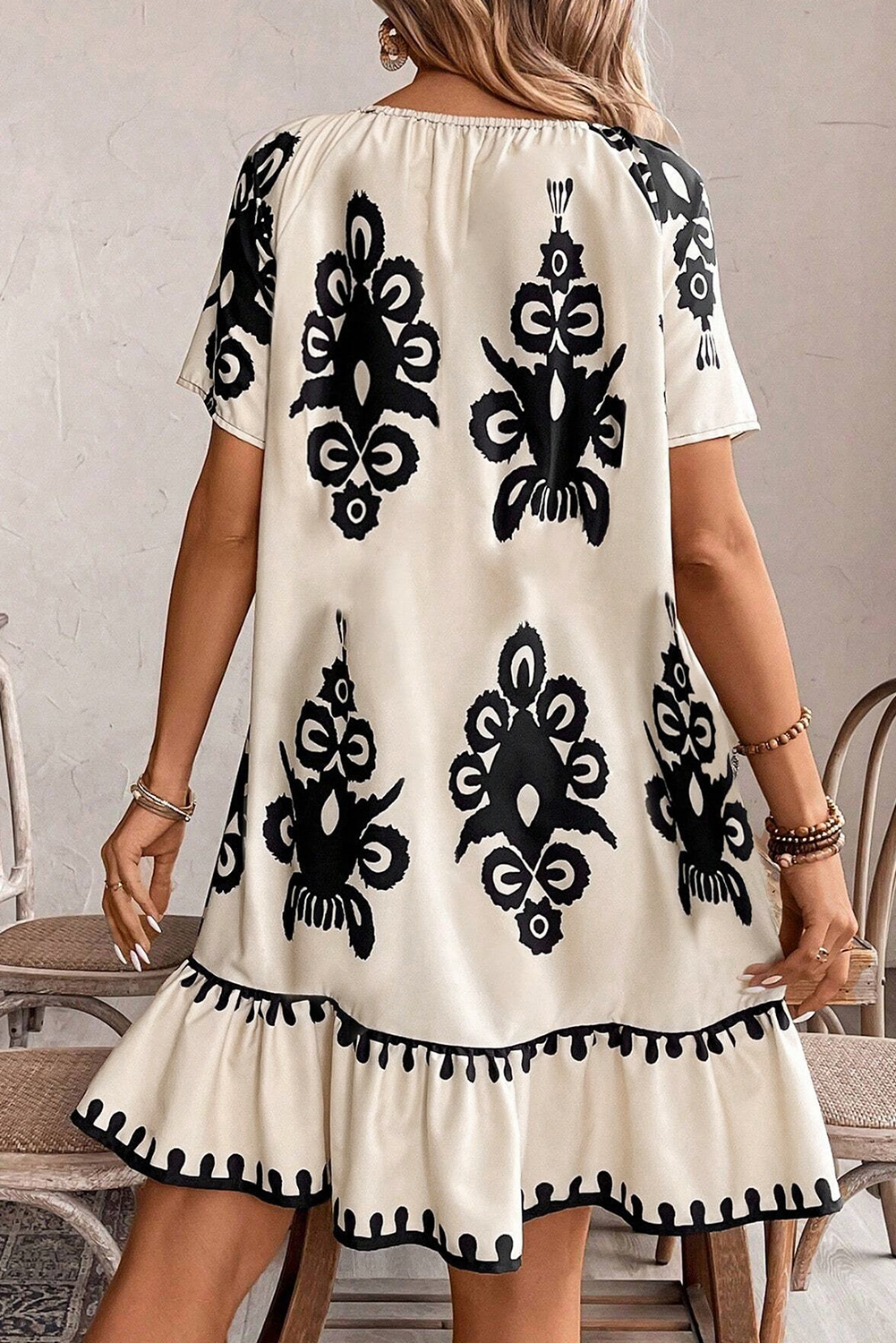White Frill Mock Neck Sleeveless Tiered Floral Dress