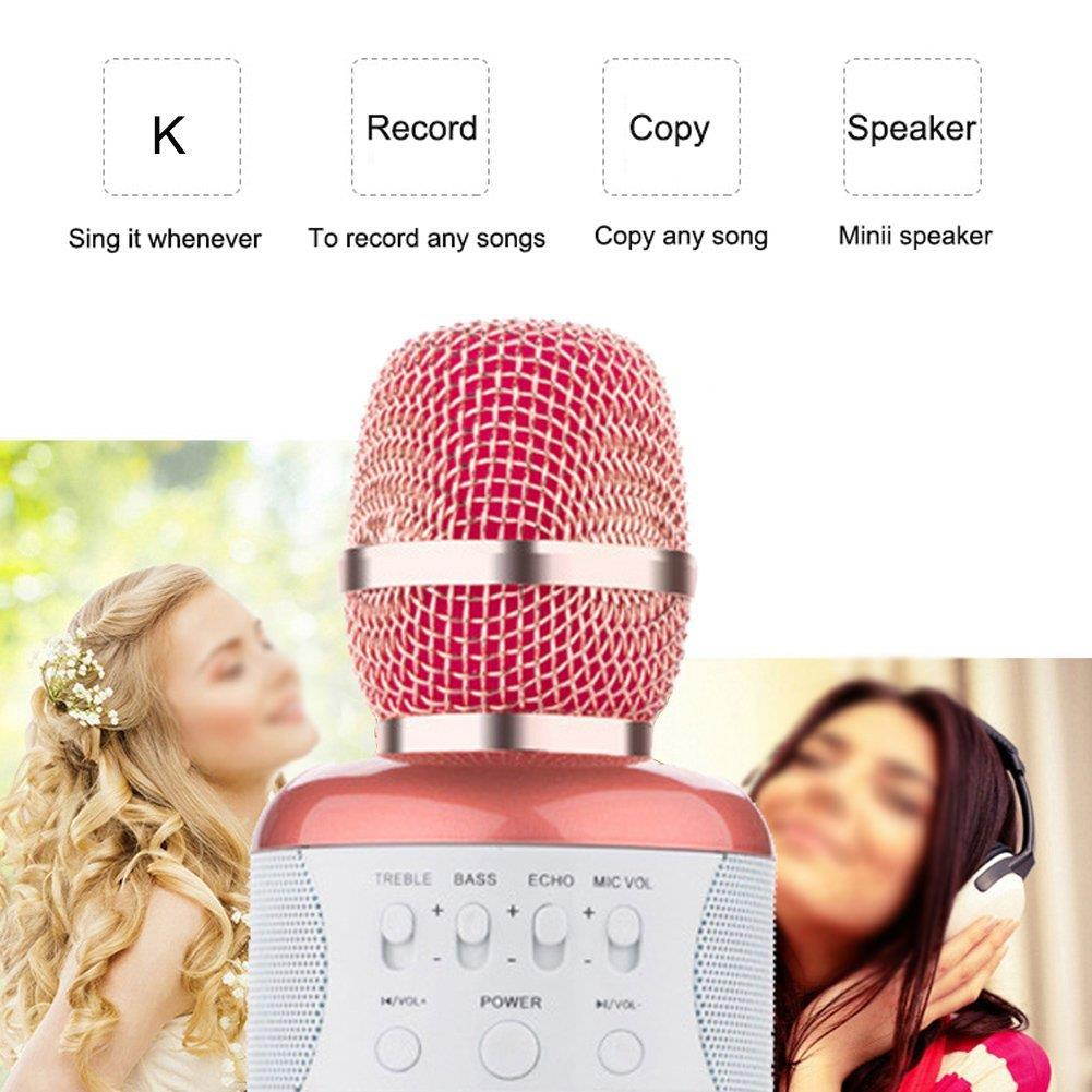 EIGIIS Wireless Bluetooth Karaoke Microphone Portable Hand Microphone Speaker for Smartphone PC (Pink)
