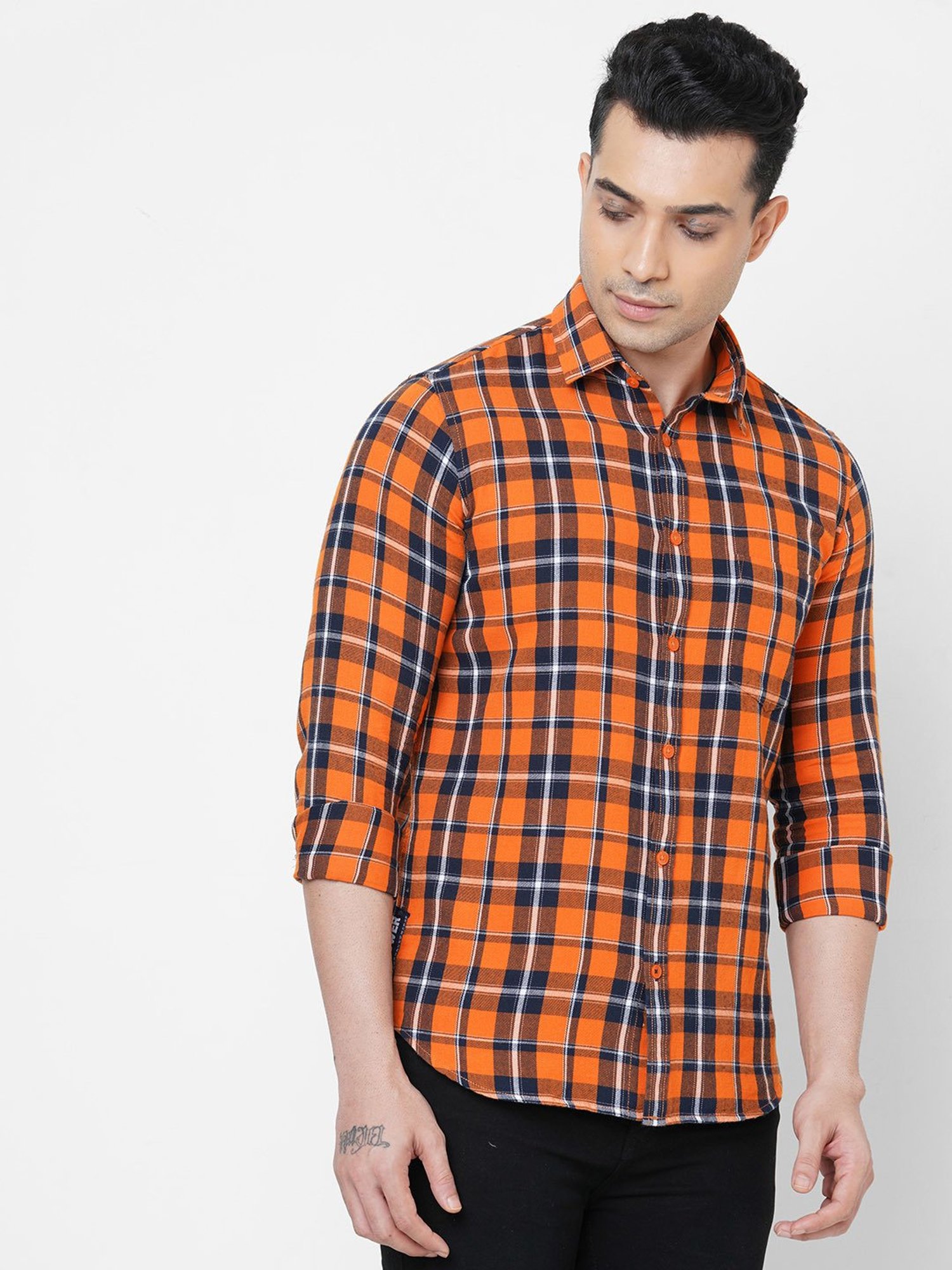 SOLEMIO Blue & Orange Slim Fit Check Cotton Shirt