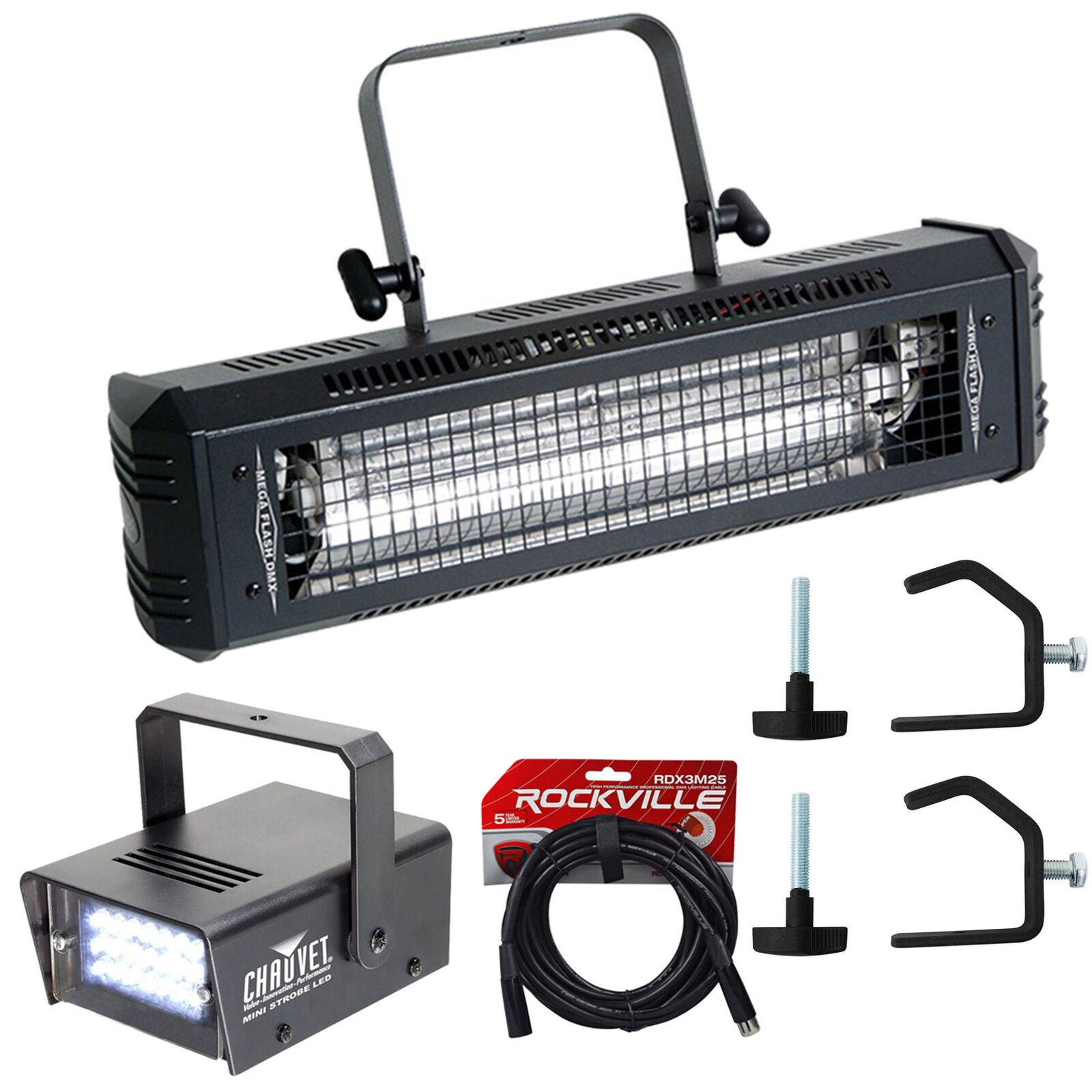 American DJ Mega Flash DMX 800W Compact Strobe Light+Mini Strobe+2) Clamps+Cable