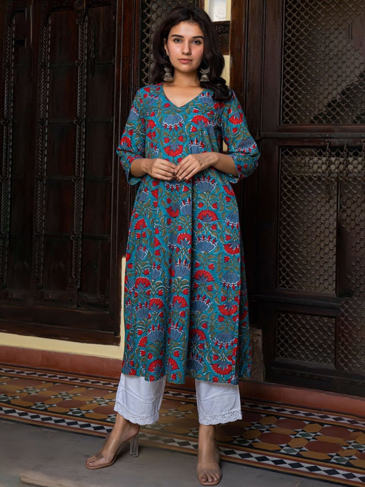 Eeshva India Green Hand Blocked Kali Kurta In Cotton