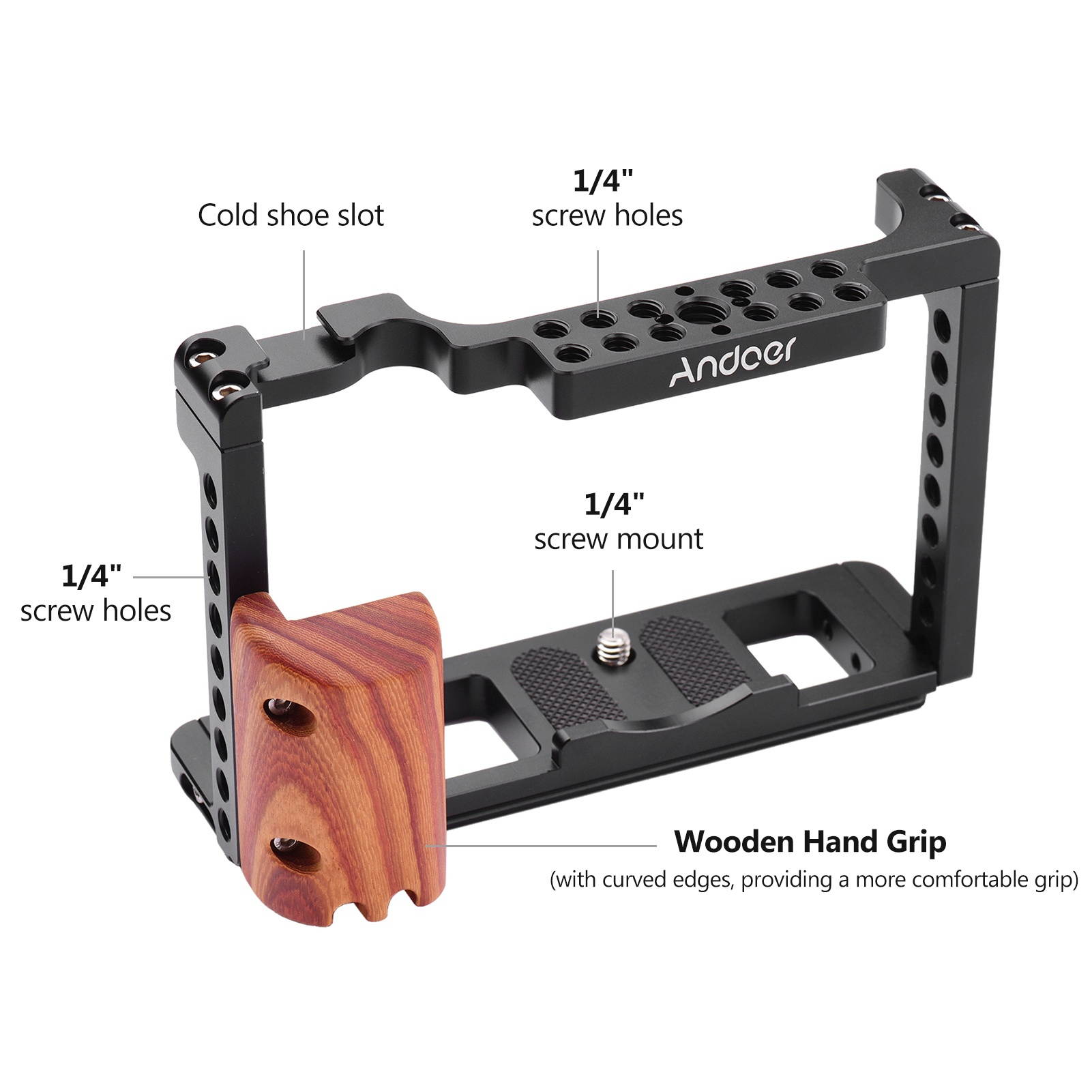 Andoer Aluminum Alloy Camera Cage Protective Vlog Cage with Wooden Hand Grip Film Making System with Cold Shoe for Microphone Fill Light Compatible with Fujifilm X-T4 ILDC Camera