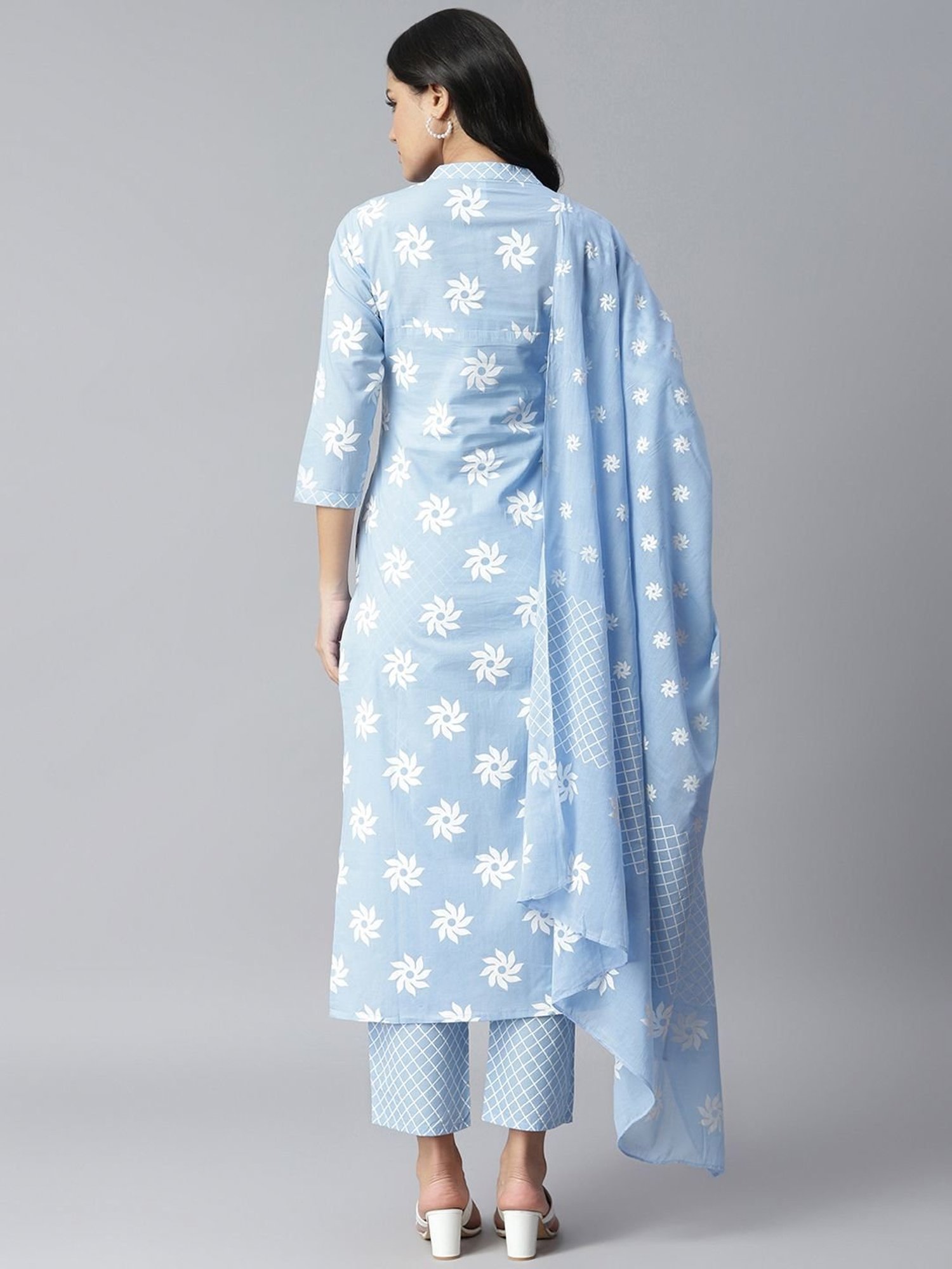 Stylum Blue Cotton Printed Kurta Pant Set With Dupatta