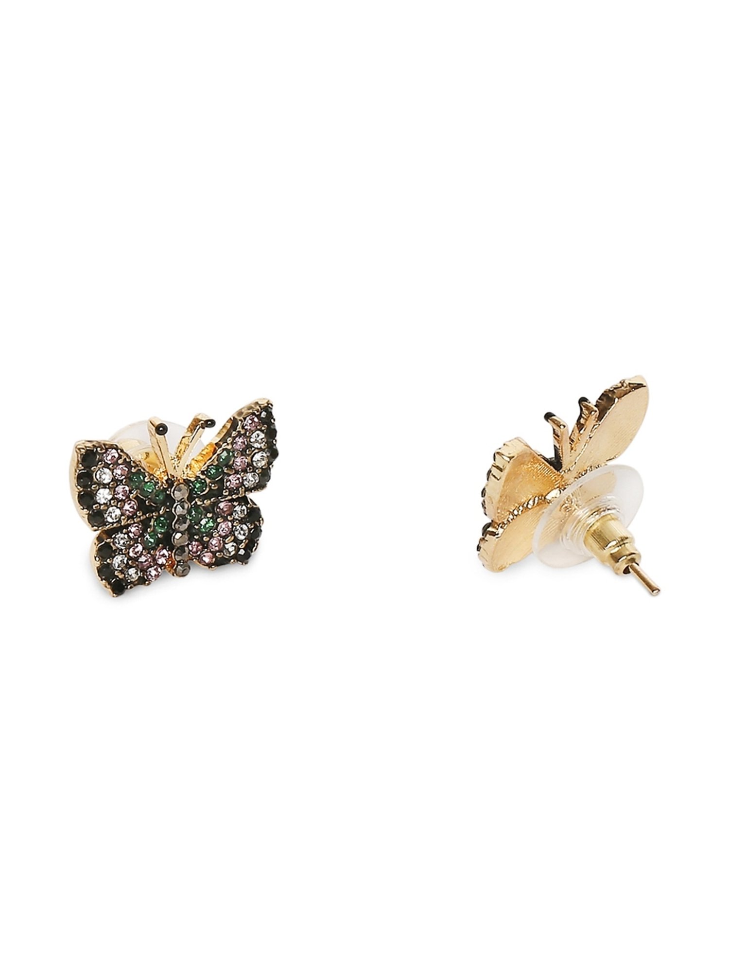 OOMPH Golden Tone Delicate Black & Pink Crystal Butterfly Small Stud Earrings for Women - Set of 2